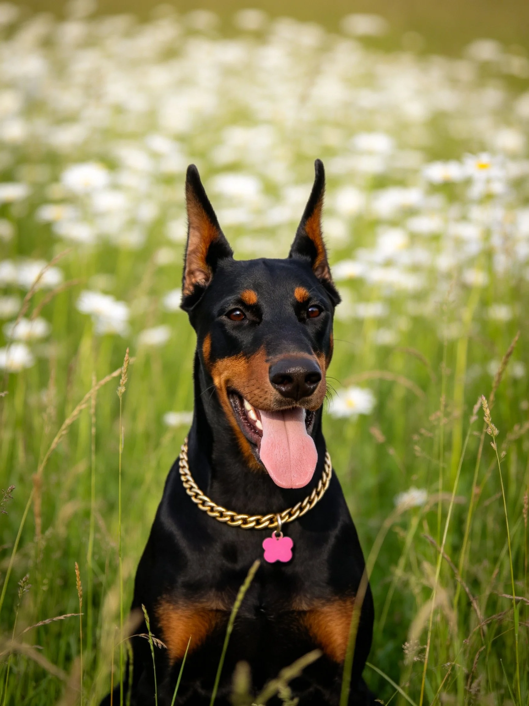 A Doberman with a gold chain collar rests in a field of white flowers.
