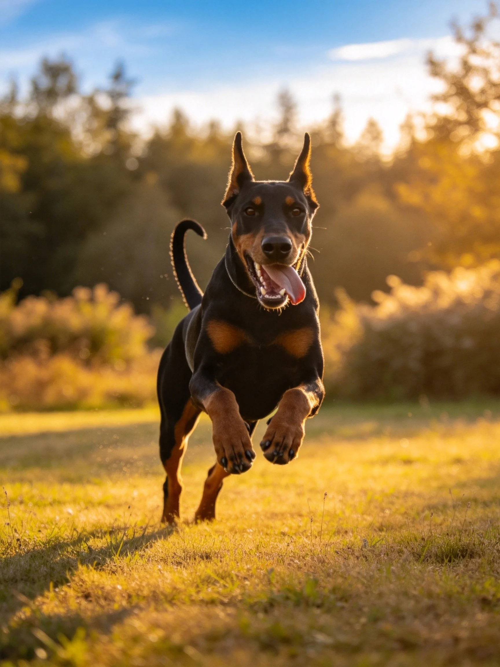 A black and tan Doberman leaping through golden sunlight