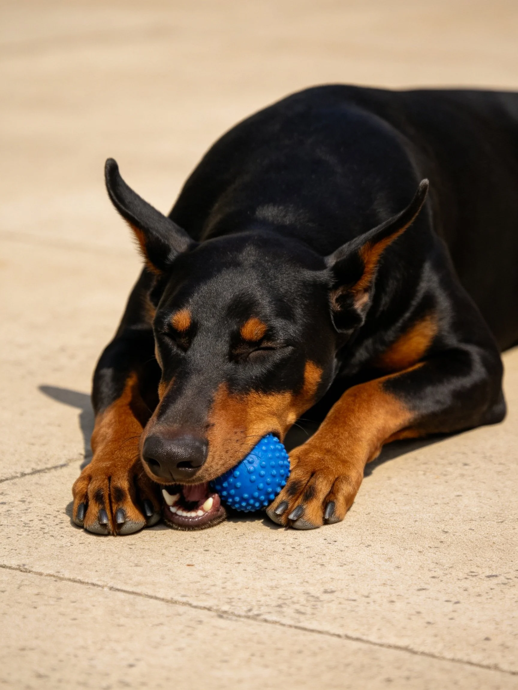A black and tan Doberman lies with a spiky blue ball