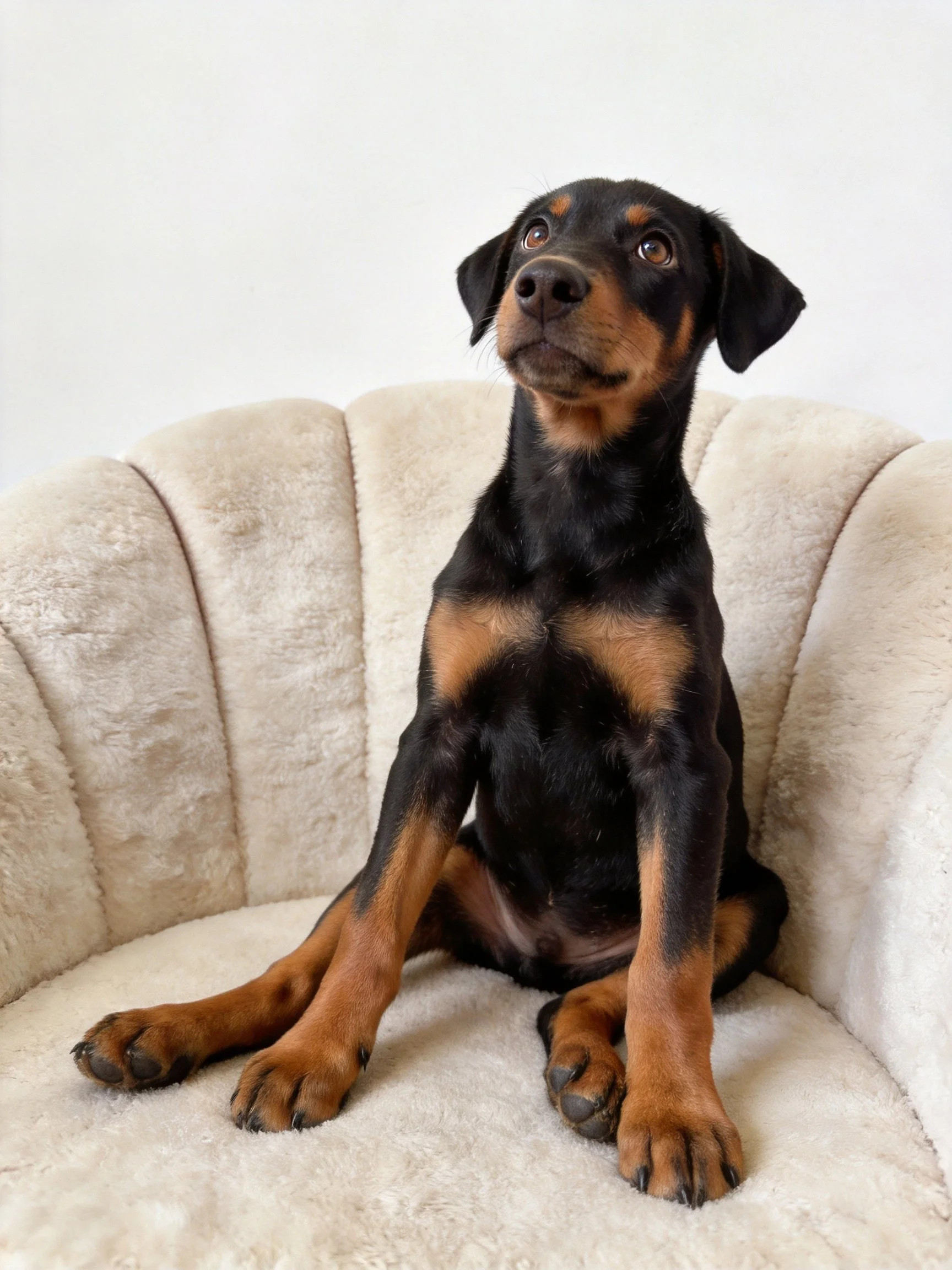 A black and tan Doberman puppy sits on a plush beige chair