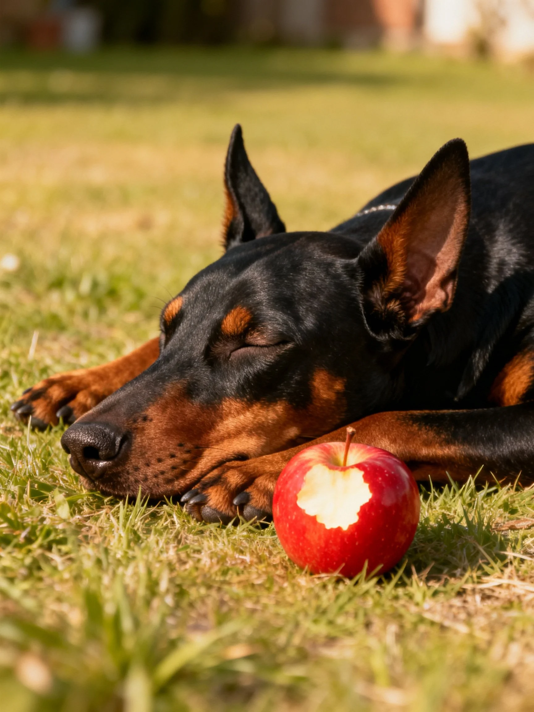 A black and tan Doberman rests beside a partially eaten red apple on grass