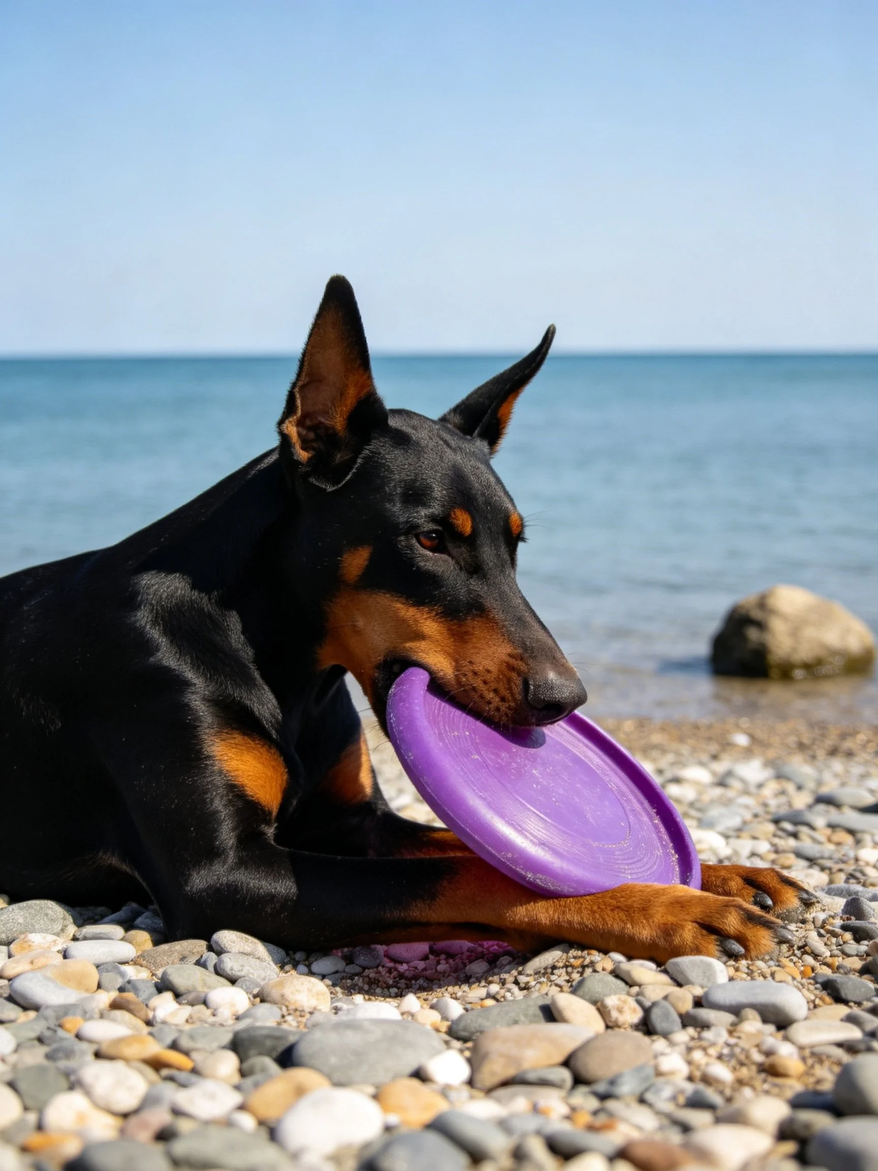 A black and tan Doberman rests on a pebbly shore with a purple frisbee