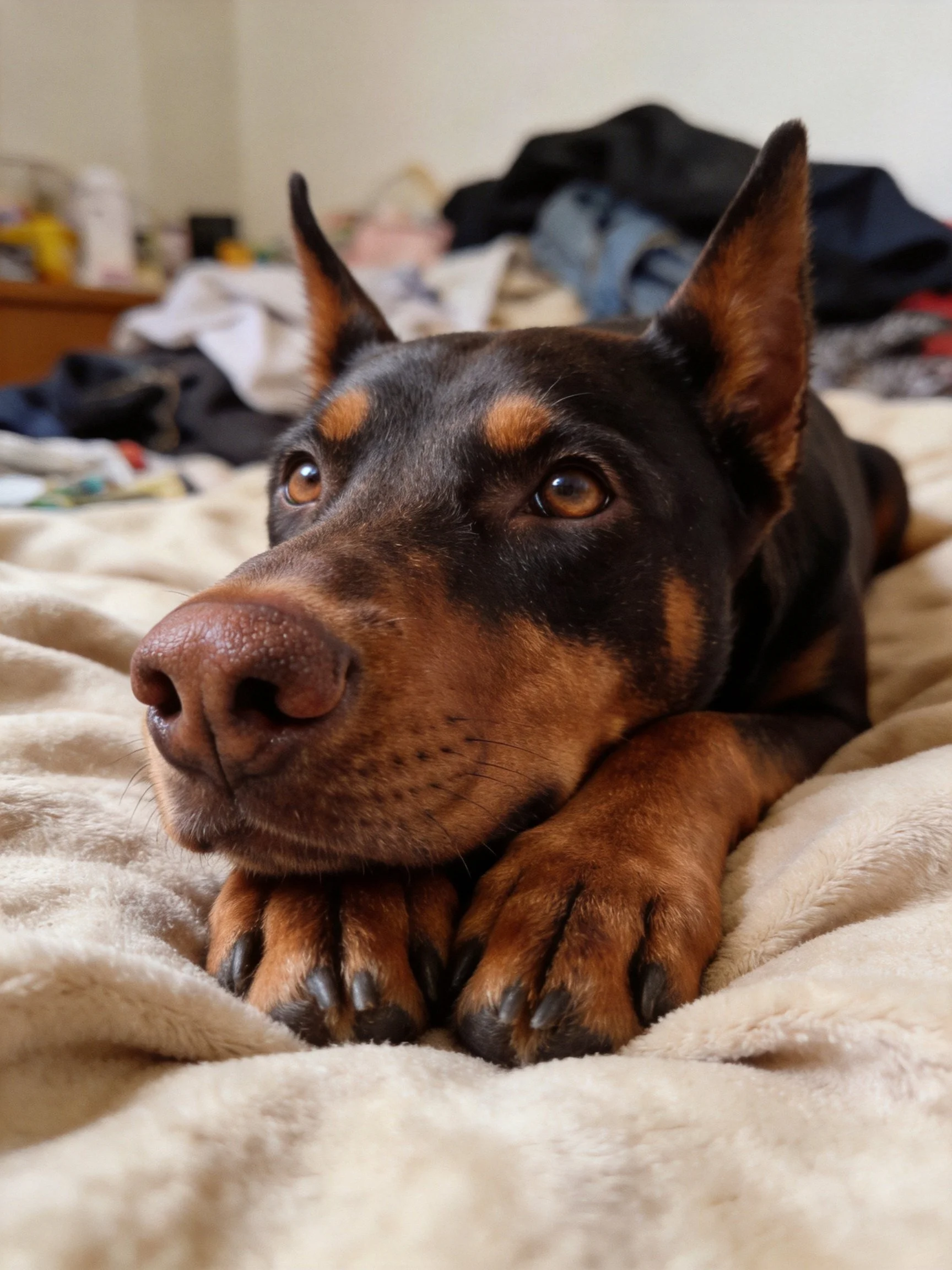 A black and tan Doberman rests on a soft beige blanket in a cluttered room