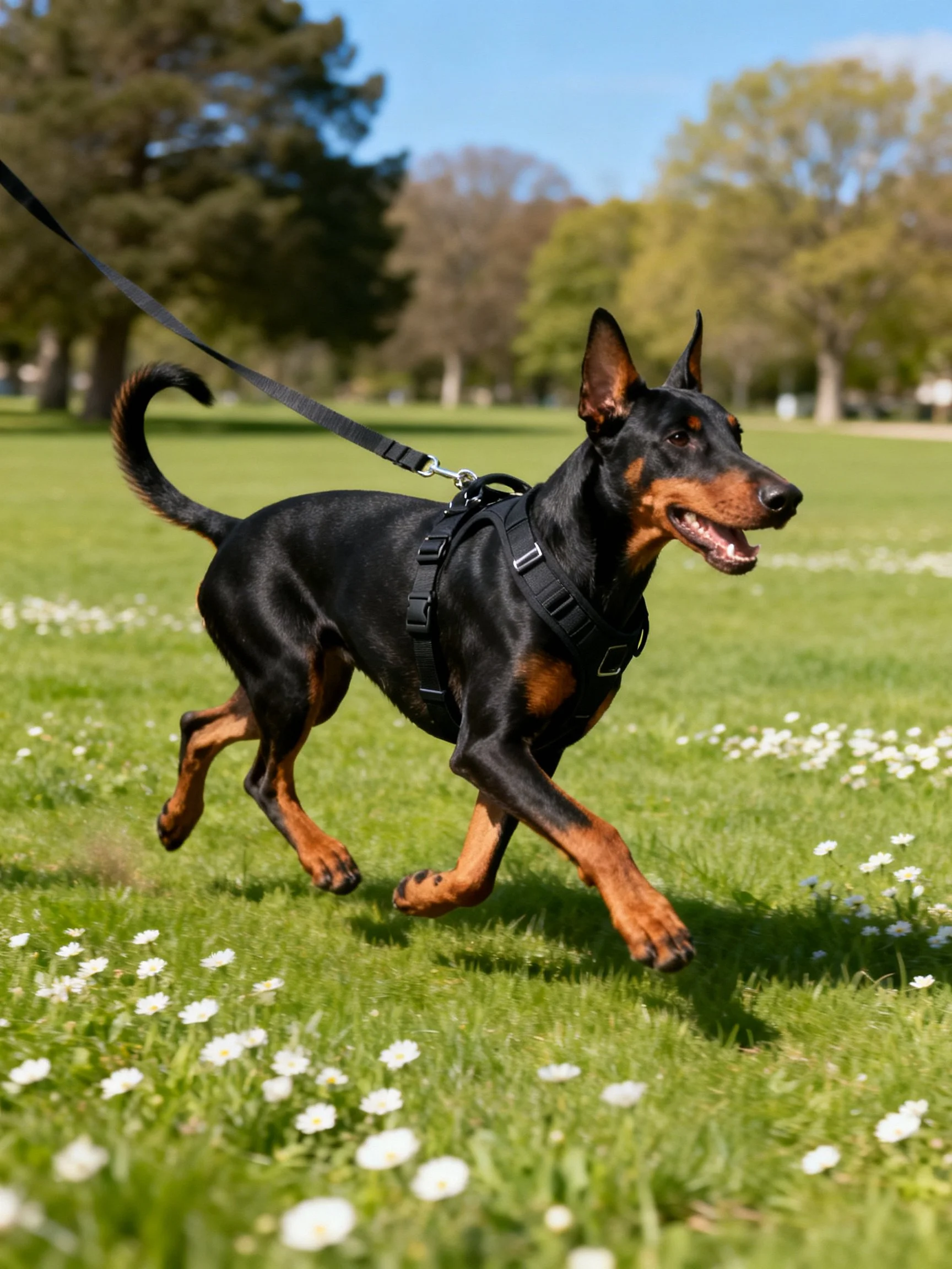 A black and tan Doberman runs energetically in a flowered park field