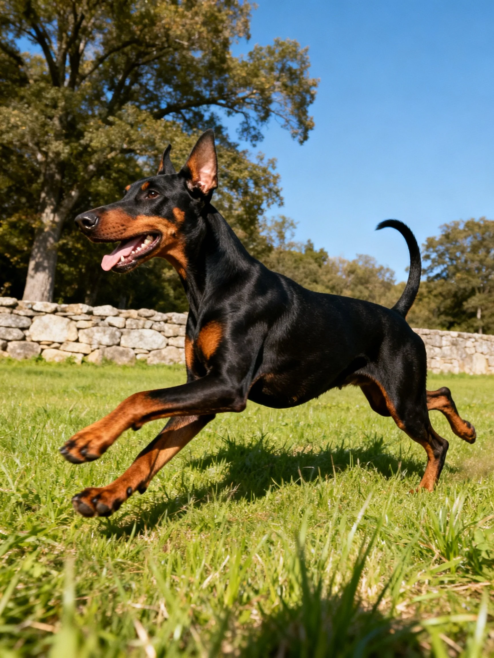 A black and tan Doberman dashes across a grassy field near trees and a stone wall