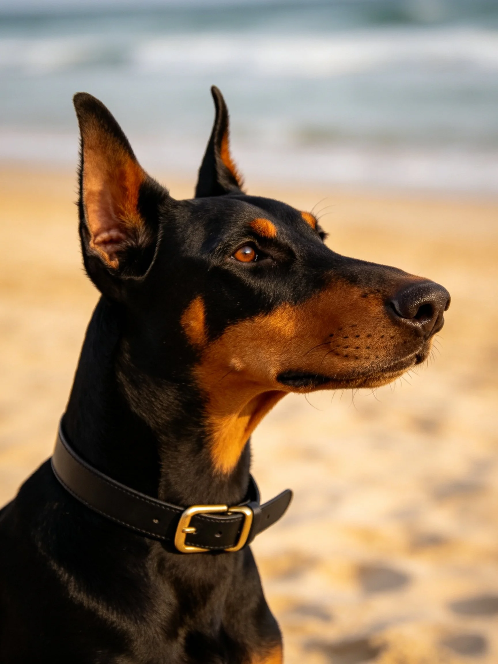 A black and tan Doberman sits alert on sandy beach near ocean