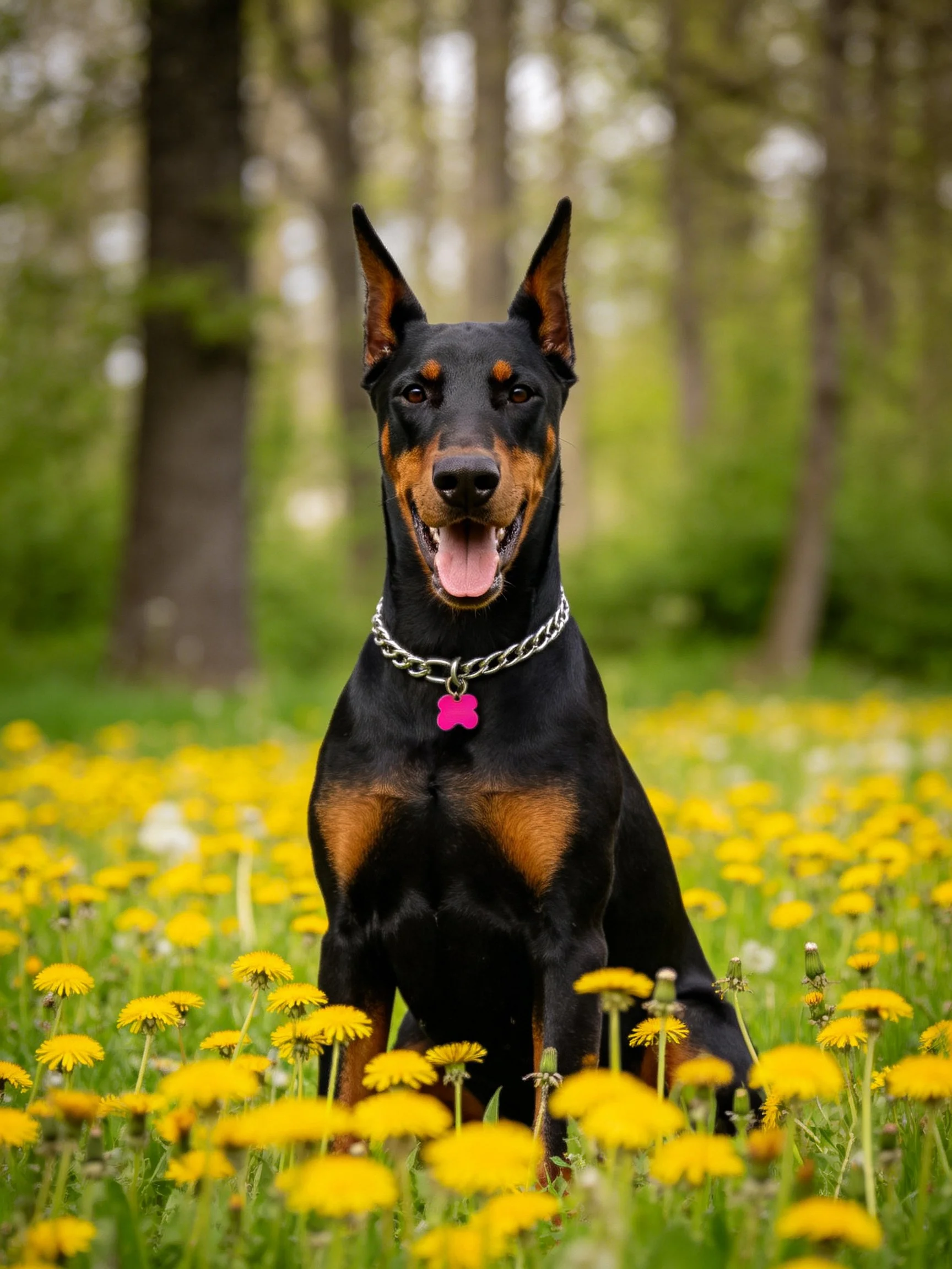 A black and tan Doberman sits among vibrant yellow dandelions near tall trees