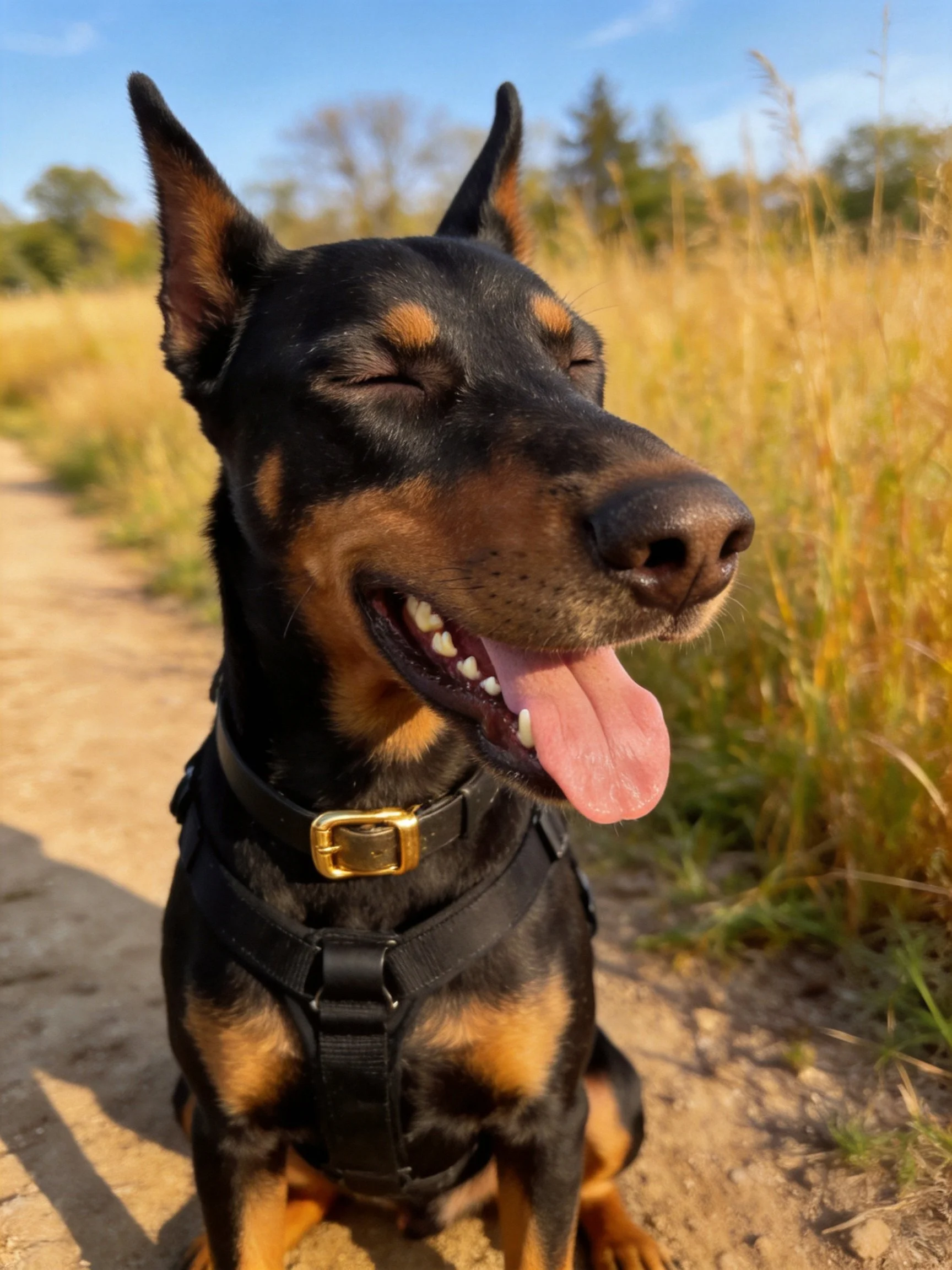 A black and tan Doberman enjoys the outdoors on a sunny day.