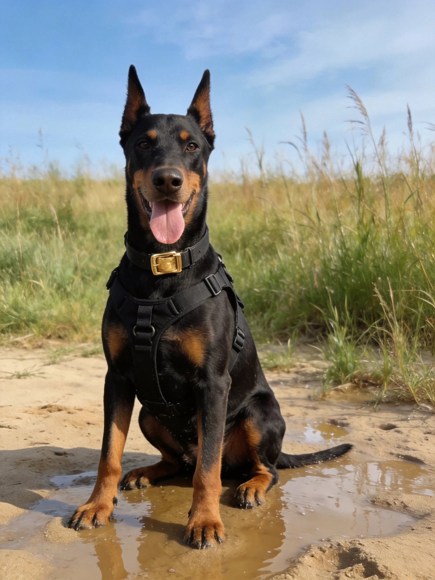 A black and tan Doberman sits in muddy water near tall grass