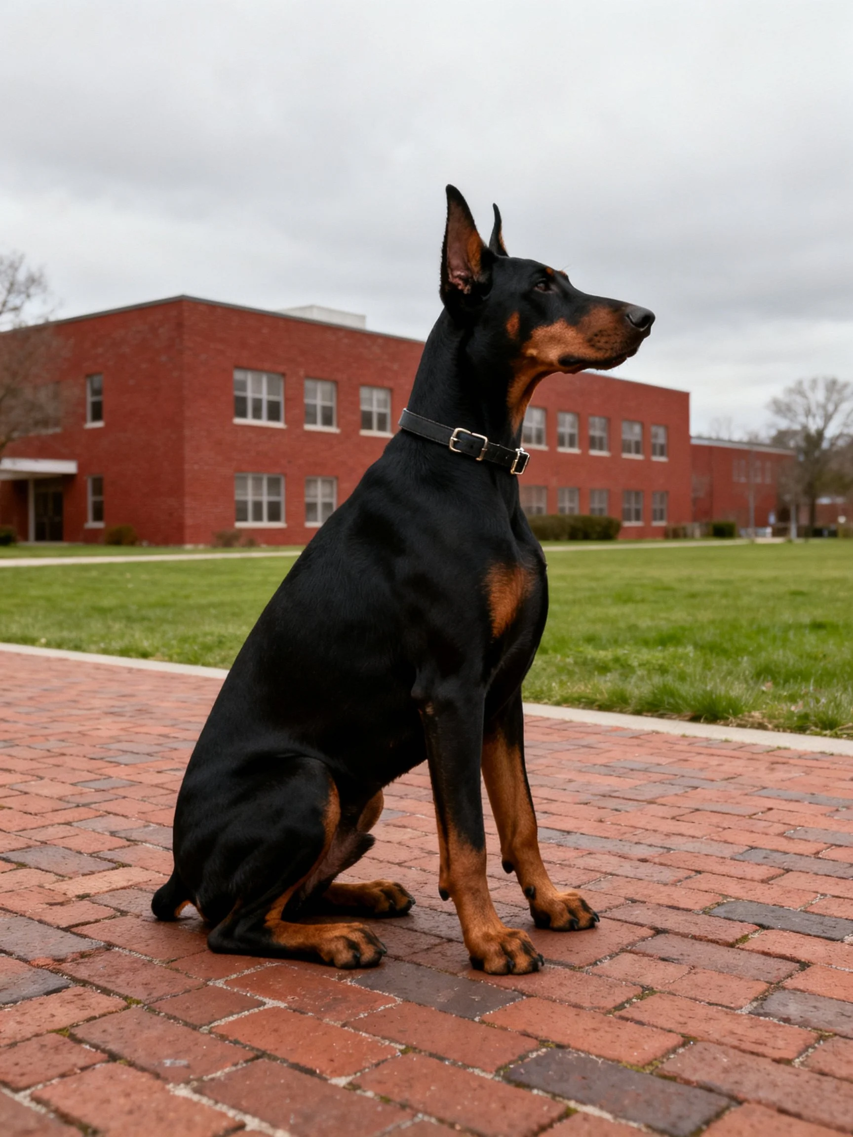 A black and tan Doberman sits attentively on a brick pathway beside a red-brick building.