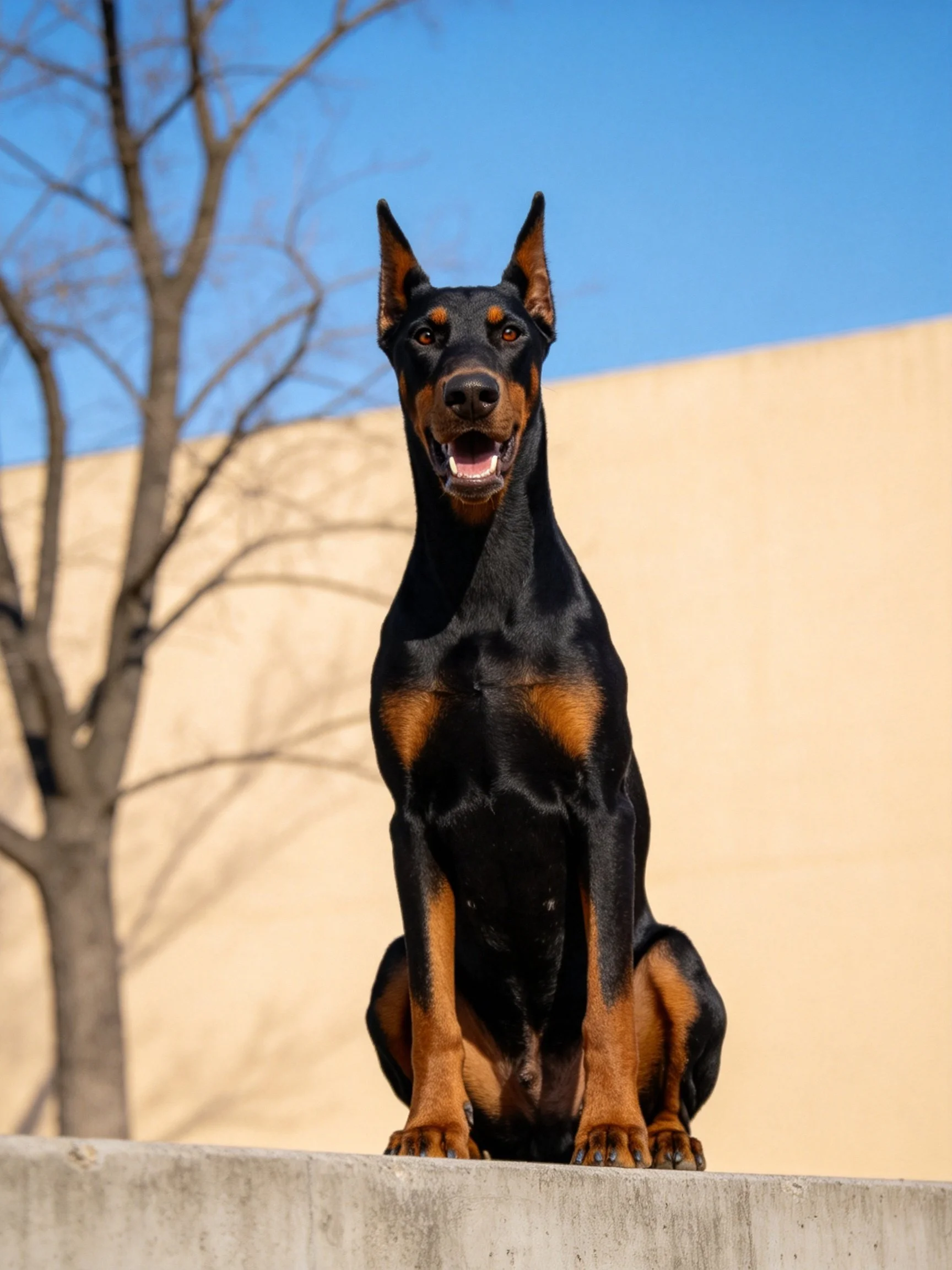 A black and tan Doberman sitting on a concrete ledge outdoors