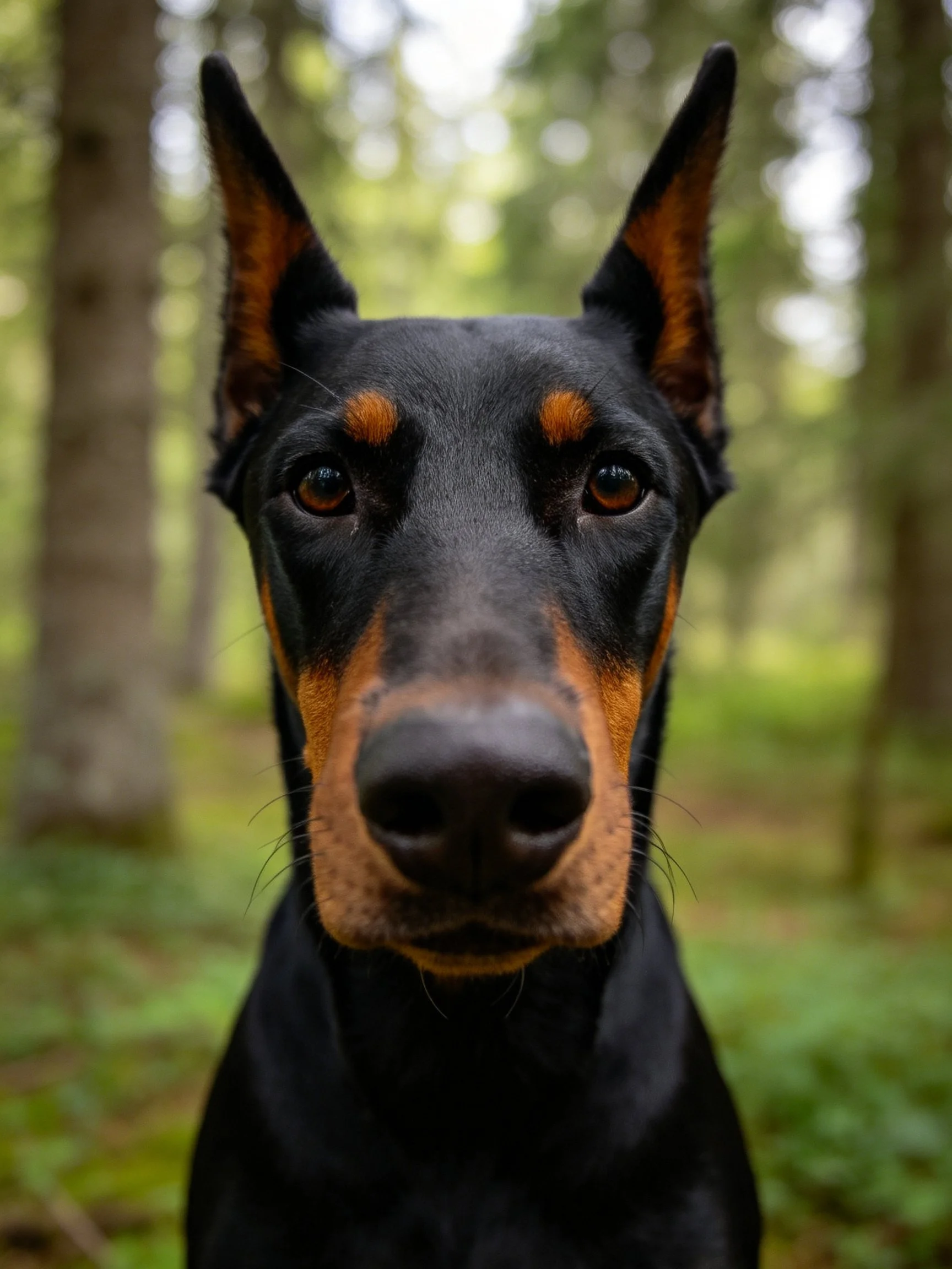 A black and tan Doberman stands alert in a sun-dappled forest