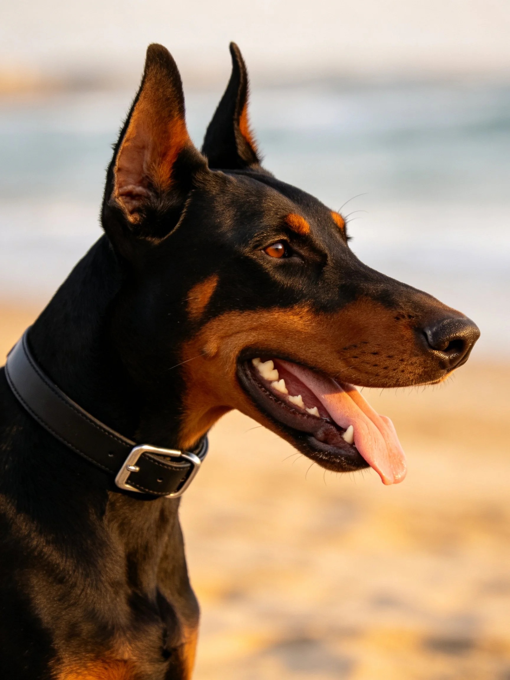 A black and tan Doberman stands alert on sandy terrain near water.