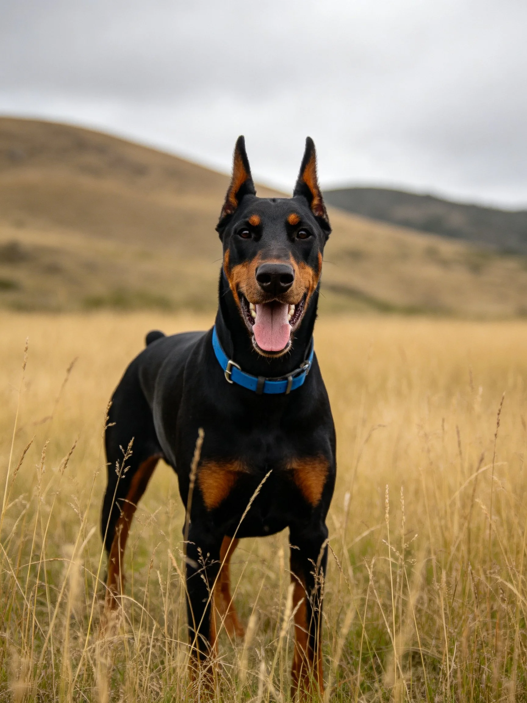 A black and tan Doberman stands in golden grass near rolling hills