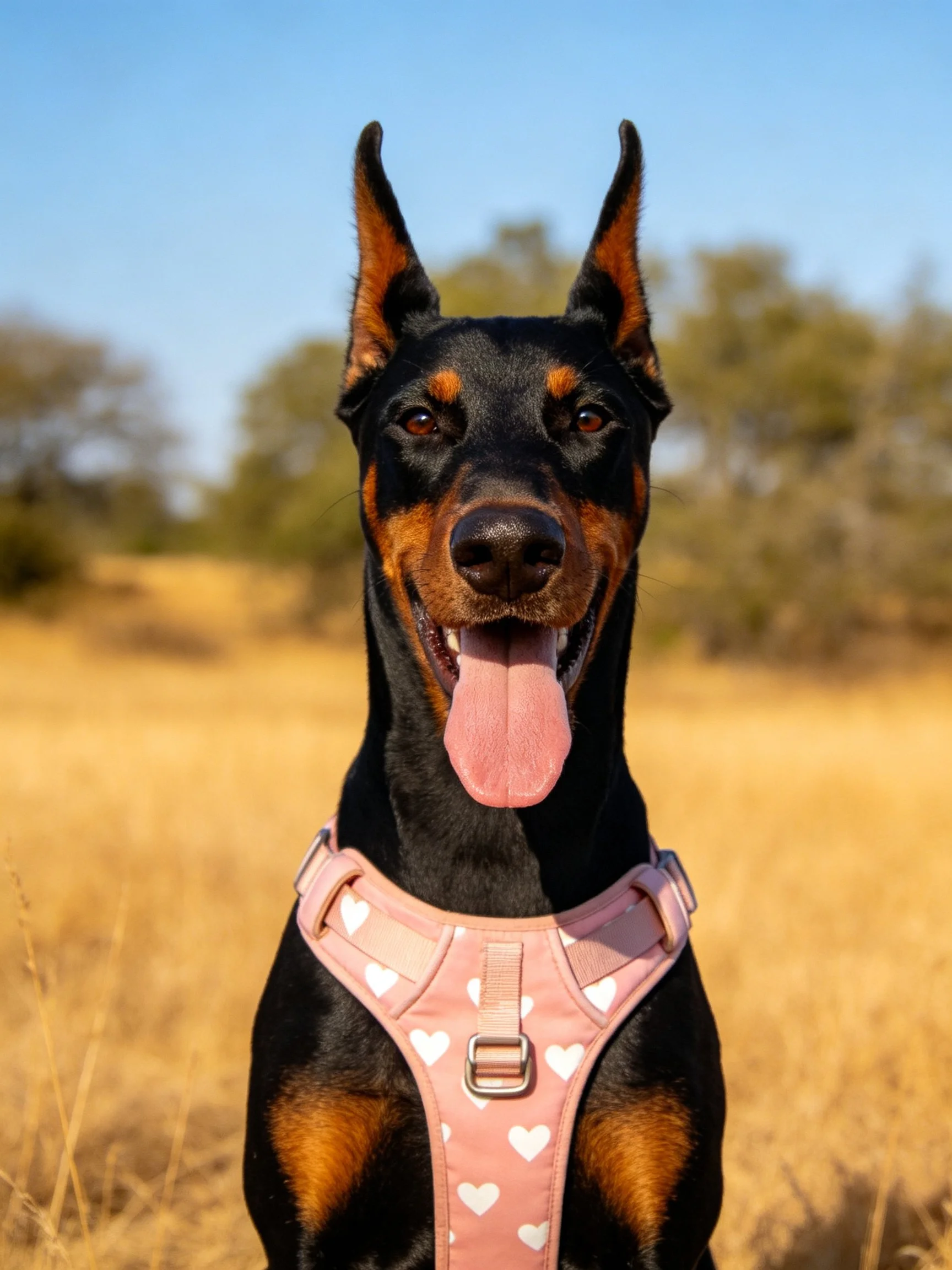 A black and tan Doberman wearing a pink heart-patterned harness in an open field