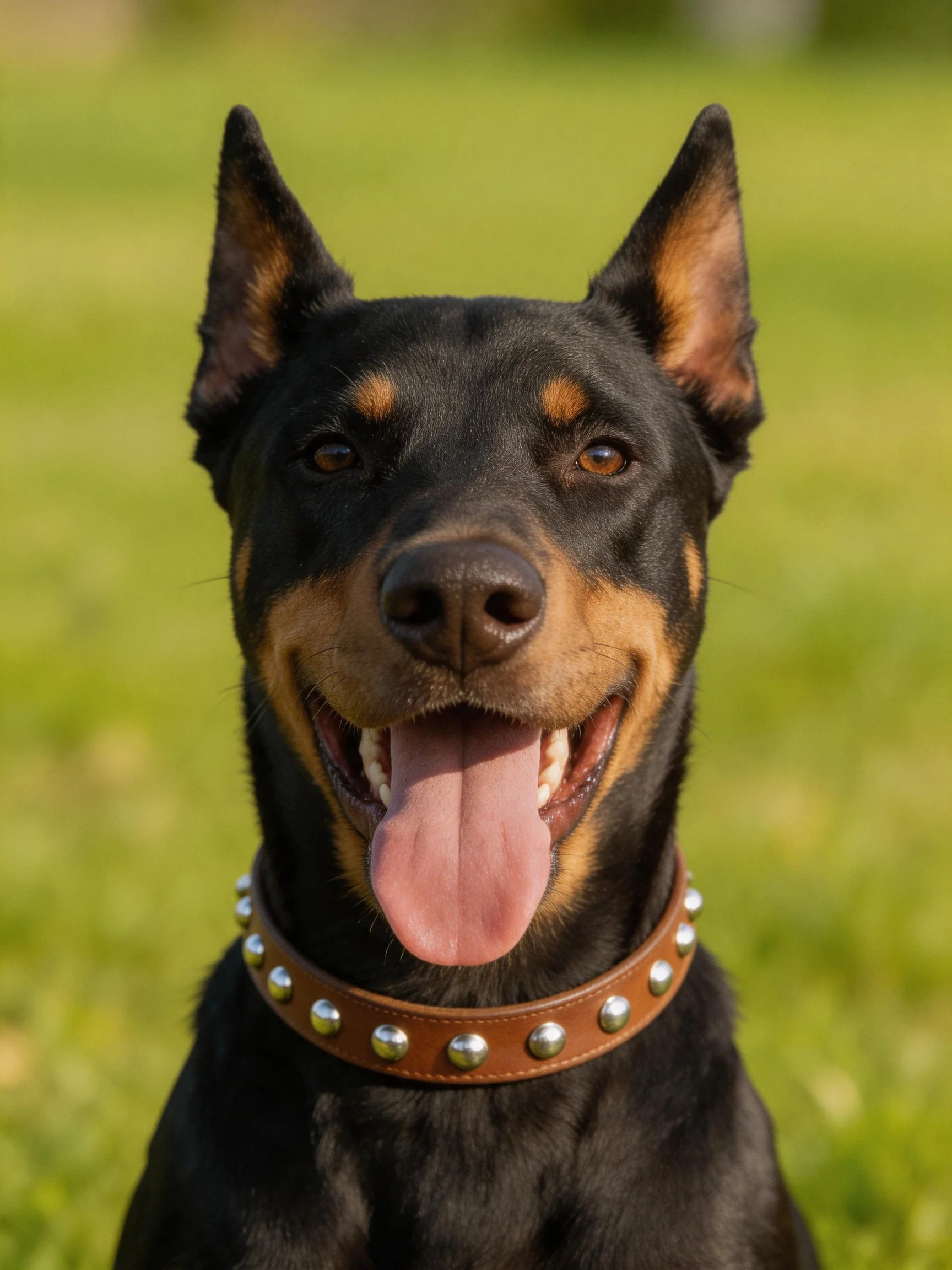 A black and tan Doberman wearing a studded brown collar in a grassy area