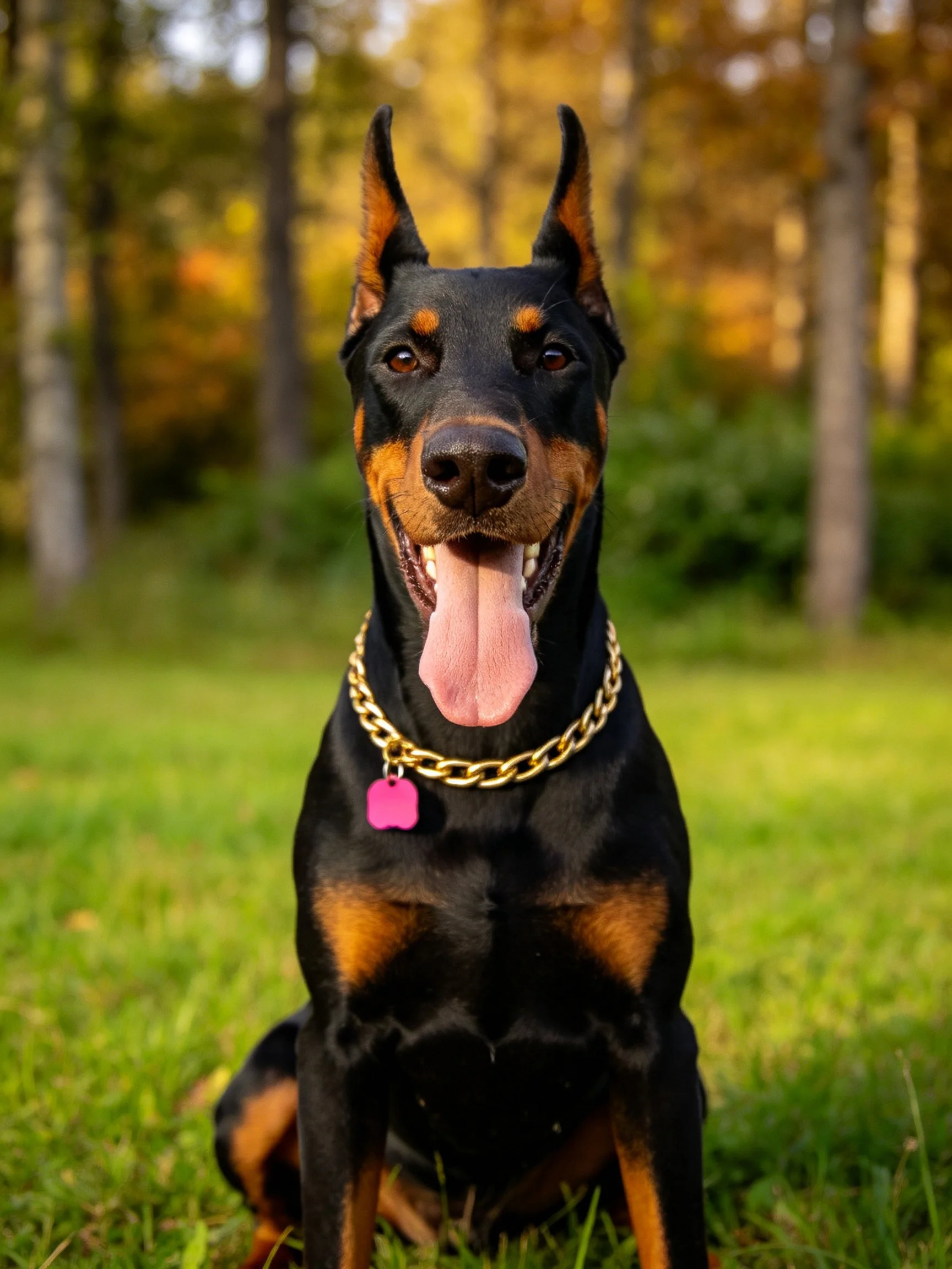 A black and tan Doberman sits happily on grass near trees