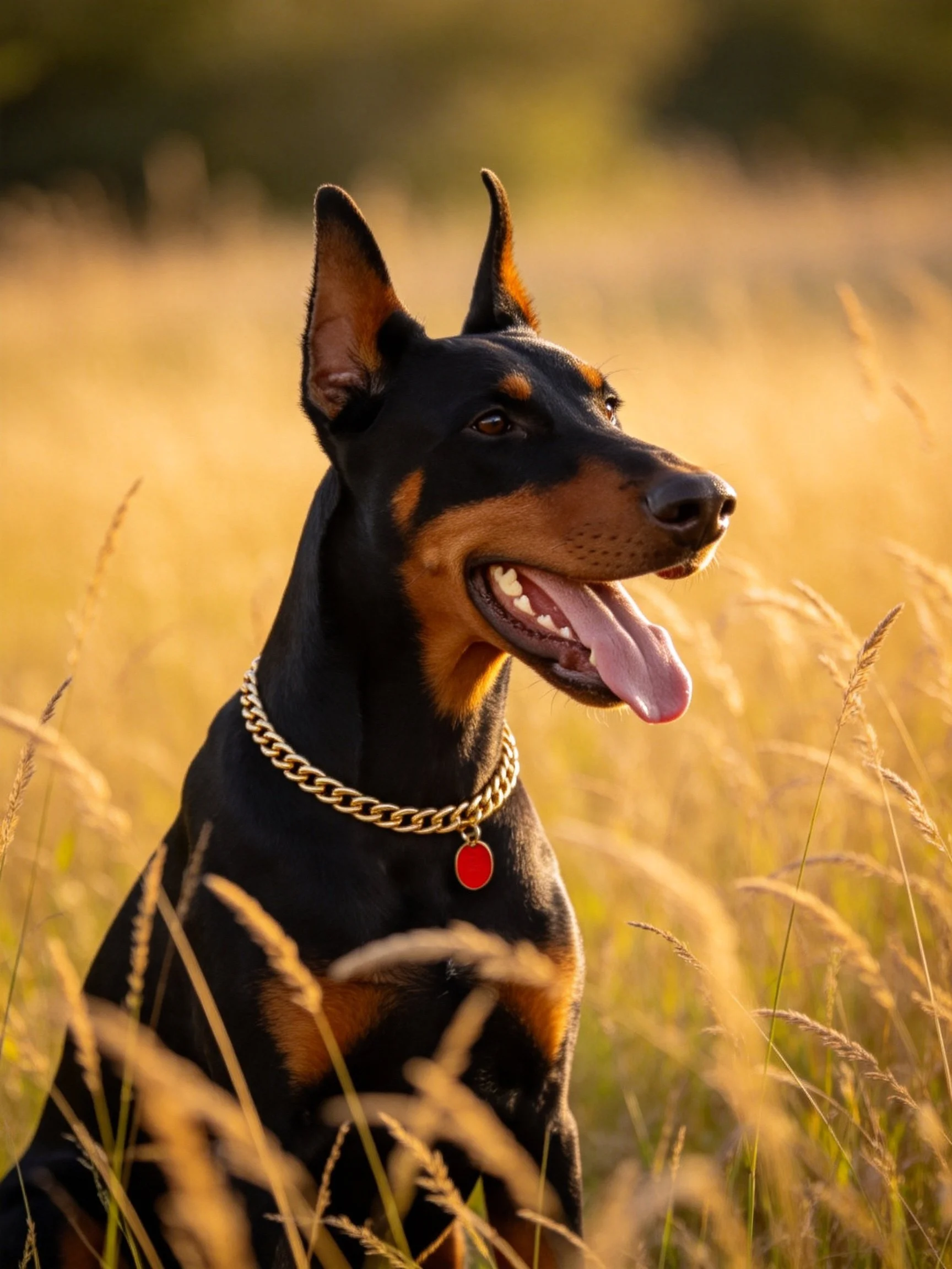 A black and tan Doberman with a gold chain collar sits in golden grass