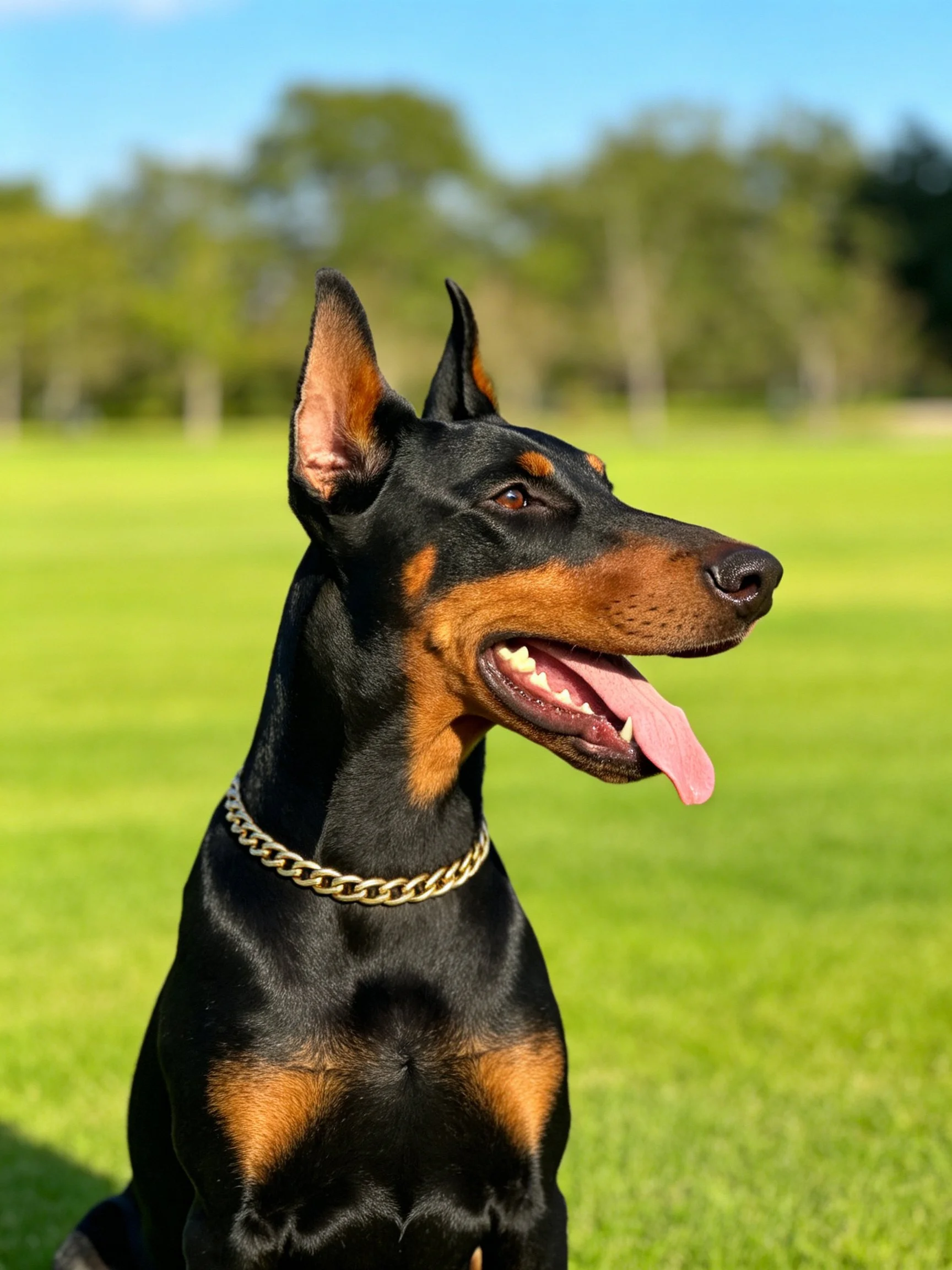 A black and tan Doberman wears a gold chain collar sits on grass.