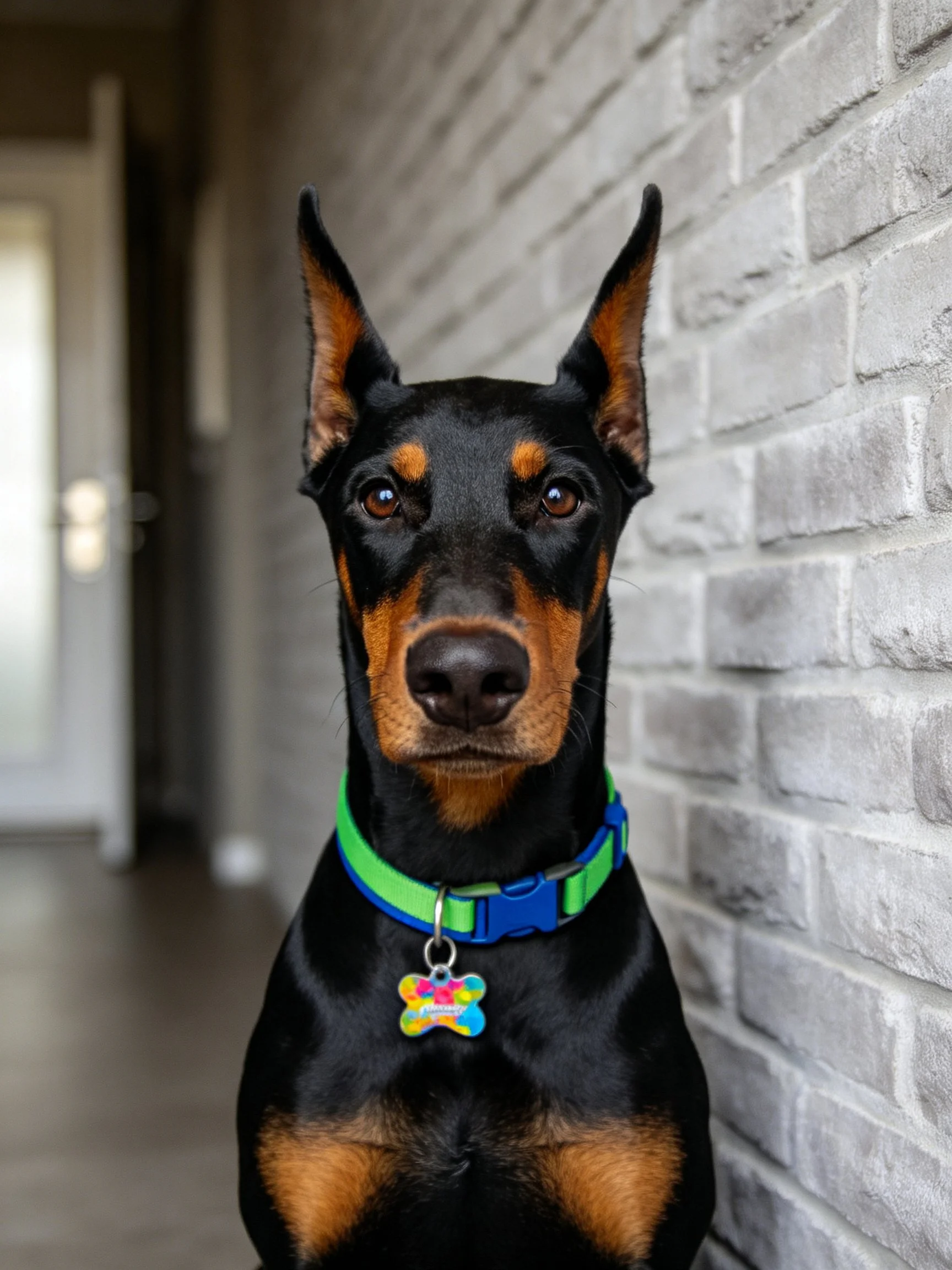 A black and tan Doberman with a green collar near a gray brick wall