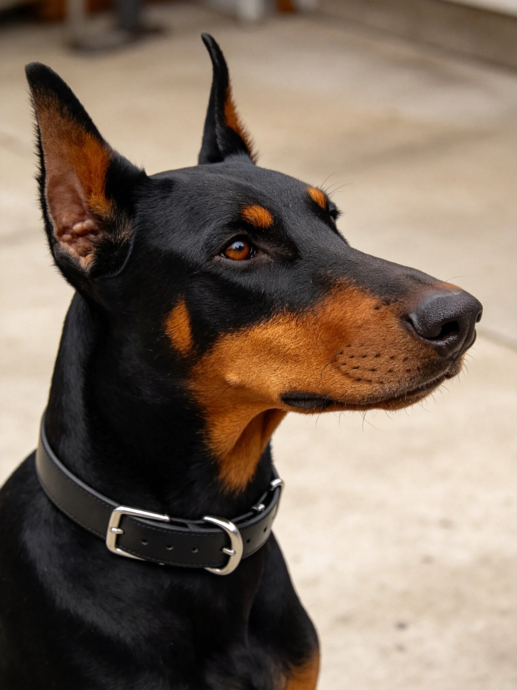 A black and tan Doberman with a leather collar looks attentively.