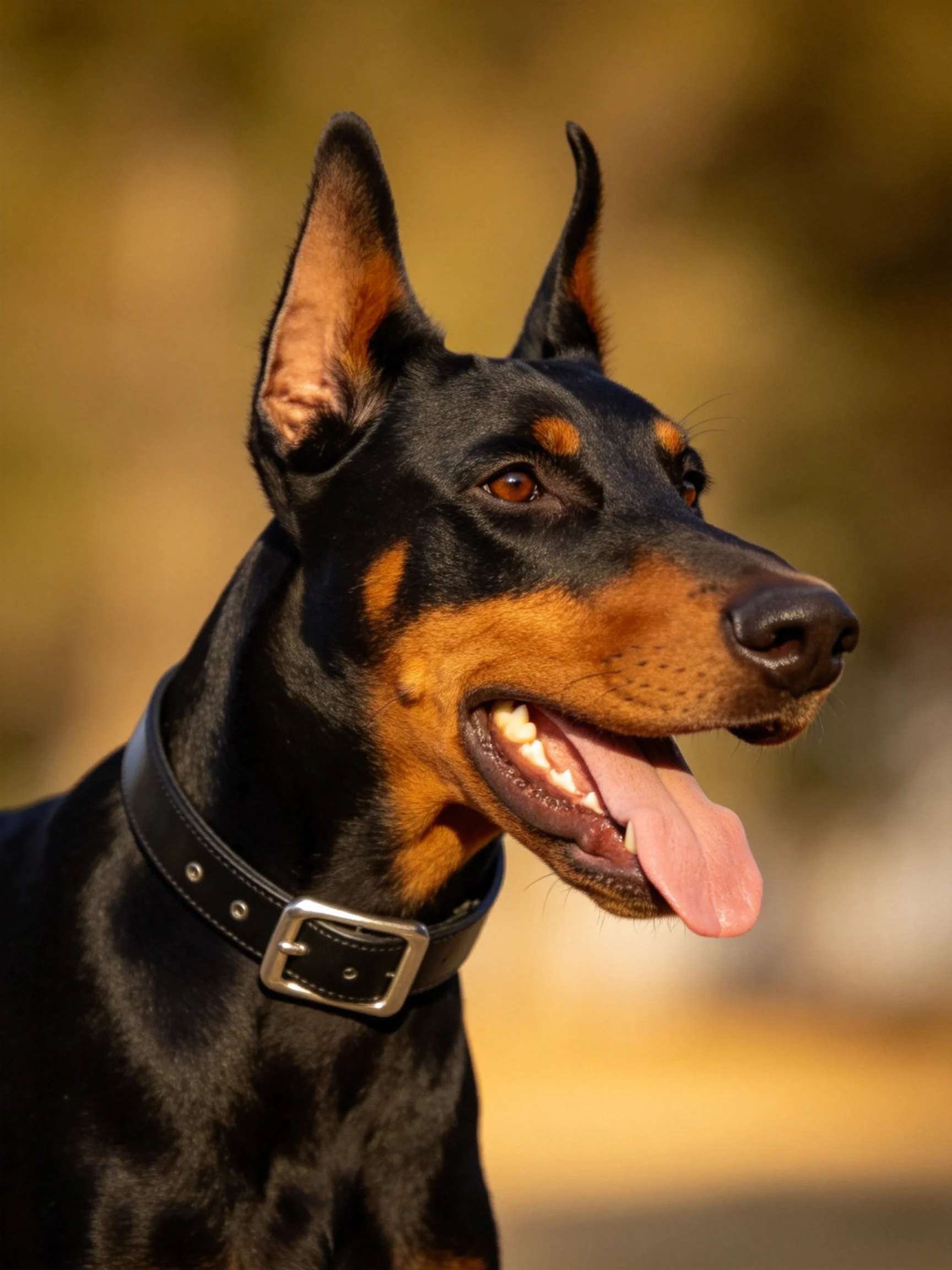 A black and tan Doberman with a leather collar outdoors