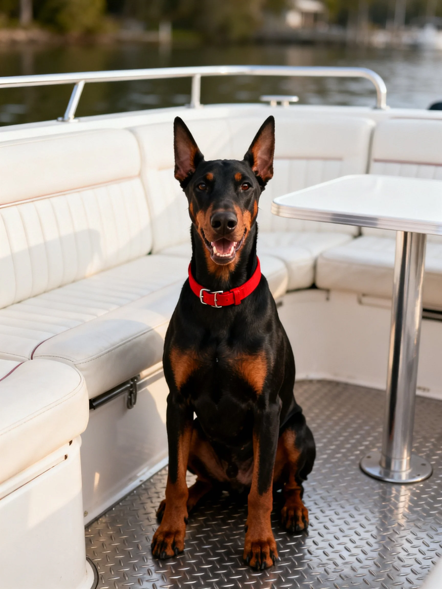 A black and tan Doberman with a red collar sits on a white boat