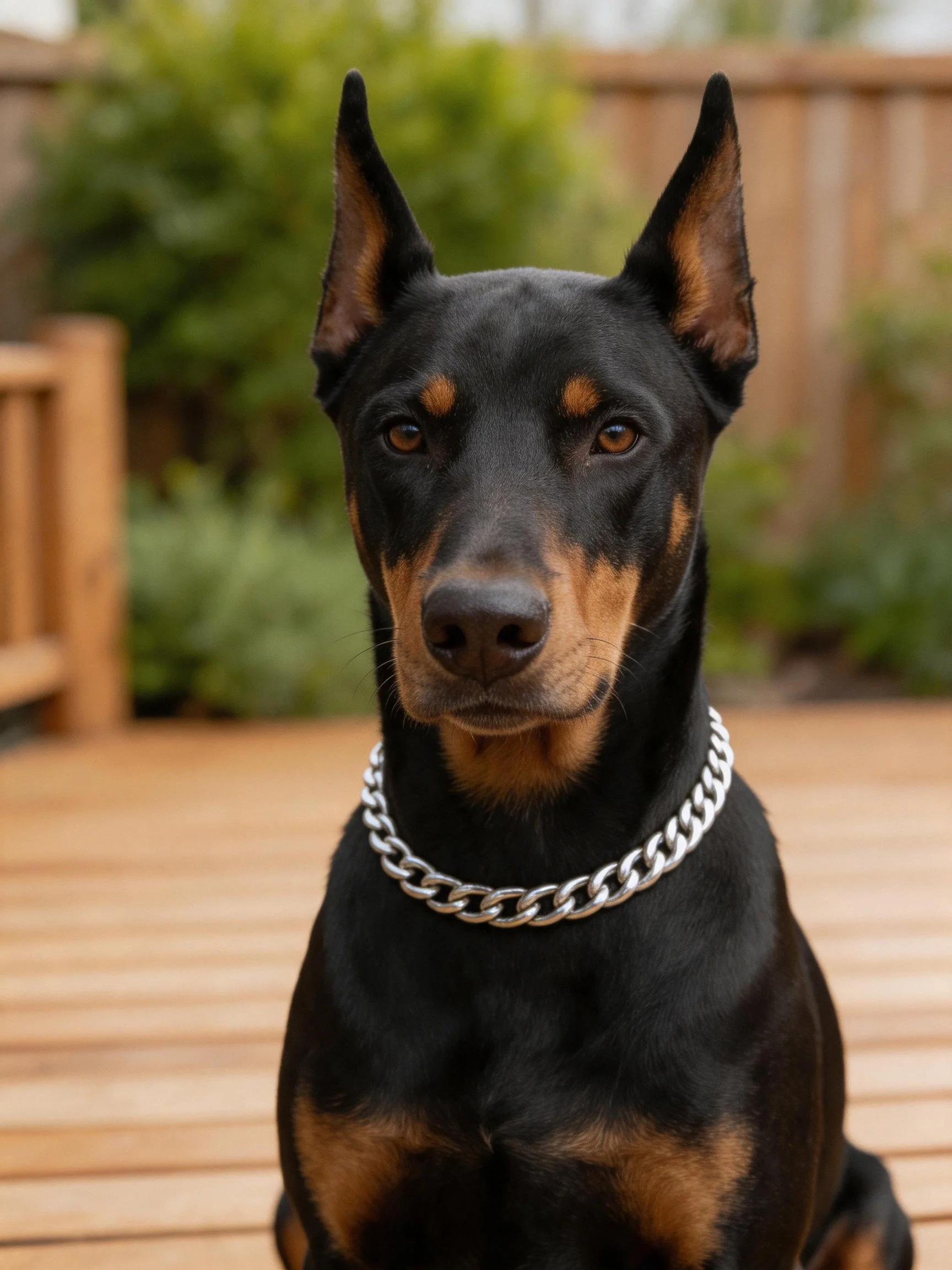 A black and tan Doberman wears a silver chain collar in an outdoor setting.