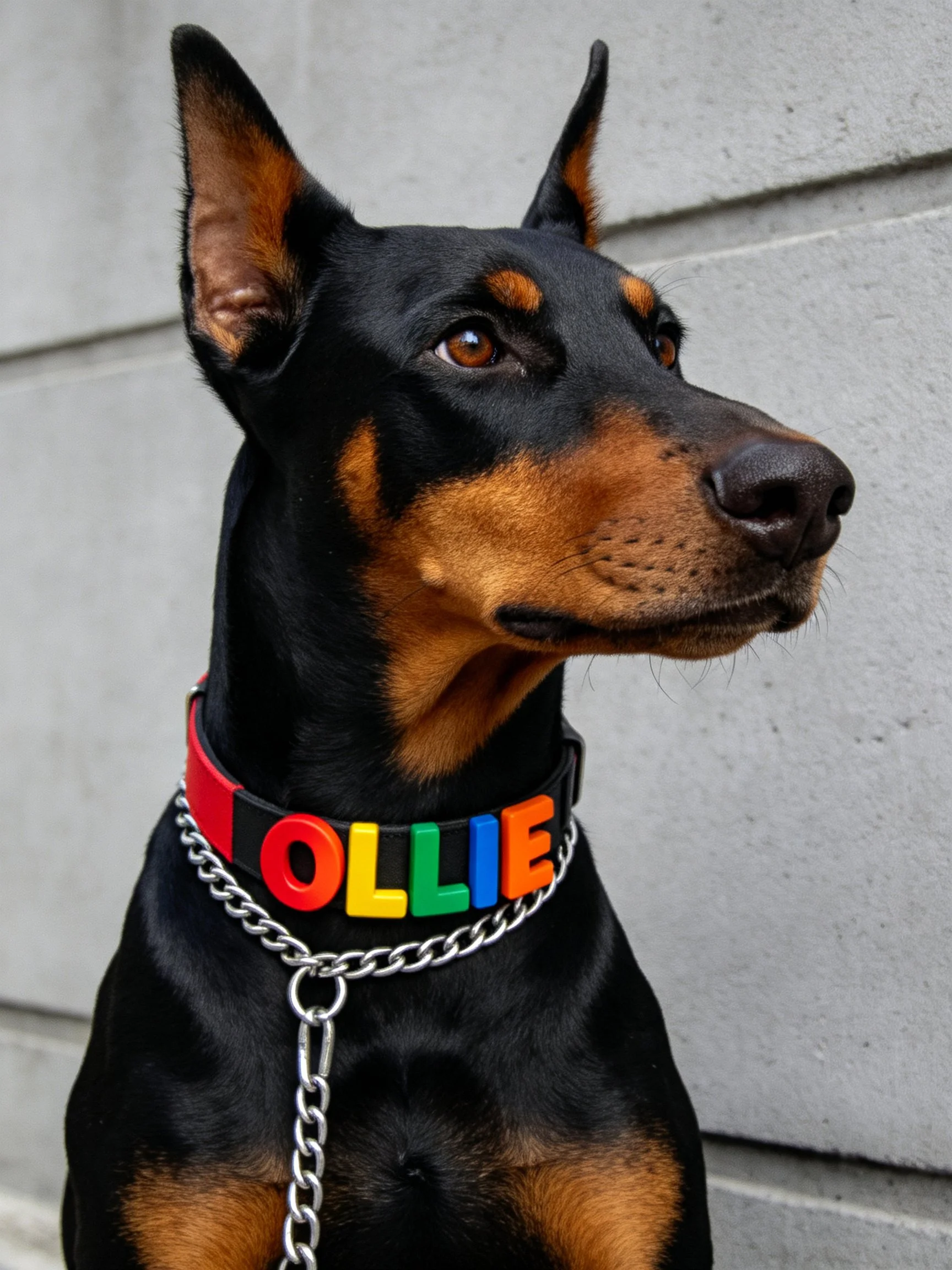 A black and tan Doberman with colorful OLLIE collar and silver chain