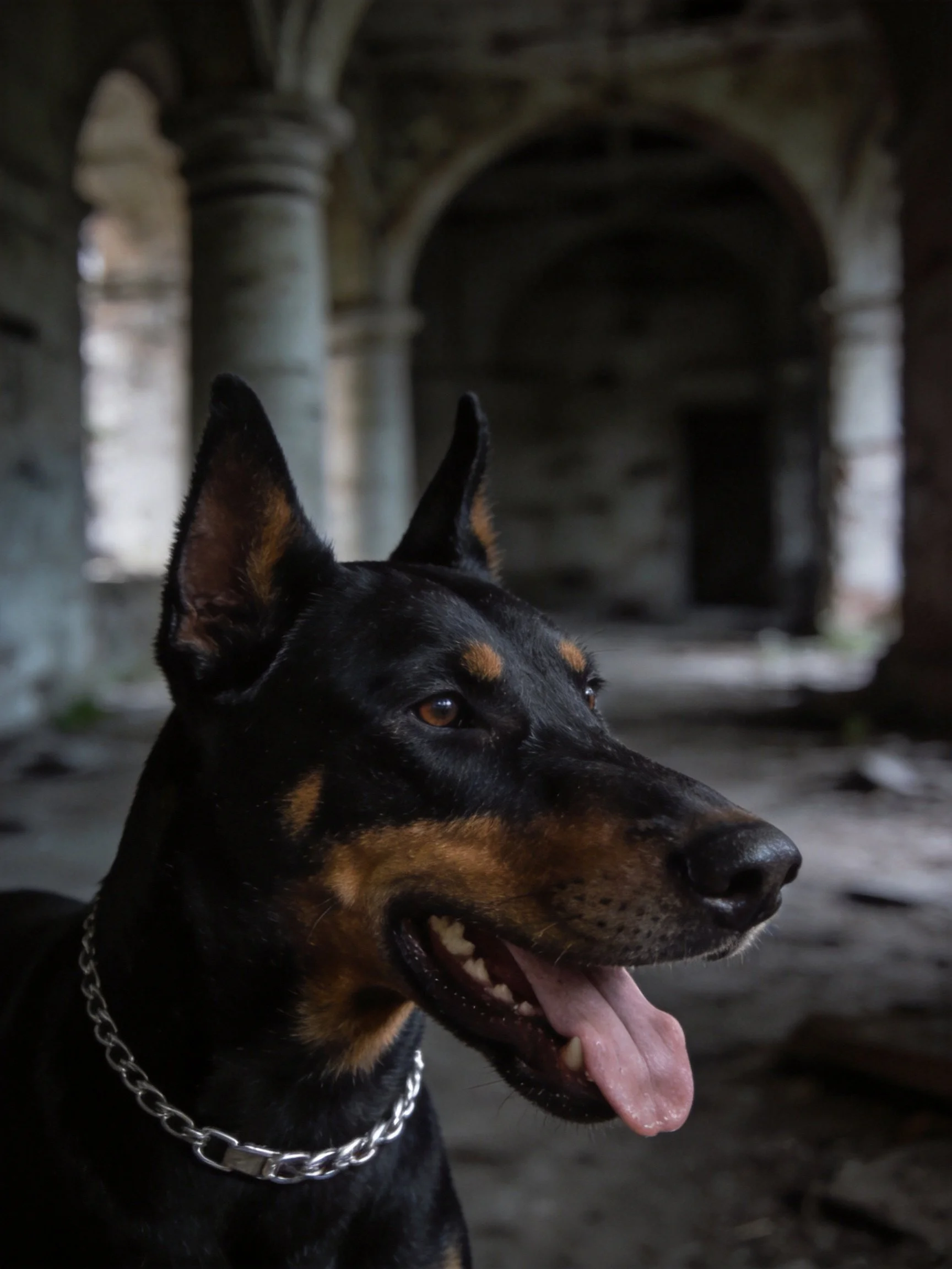 A black and tan Doberman with silver chain collar in an abandoned stone archway