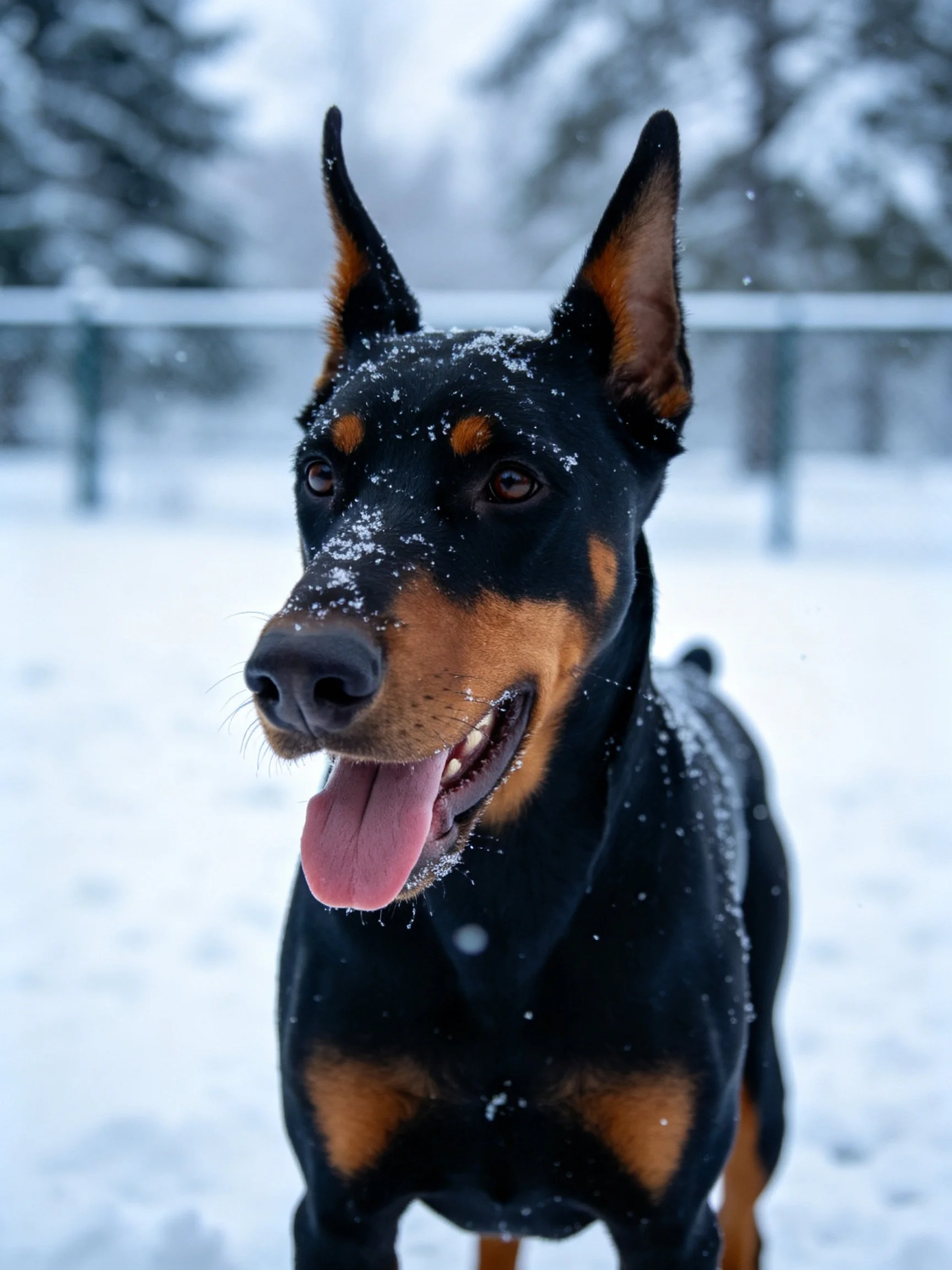 A Doberman with snow on its fur stands in a snowy outdoor area.