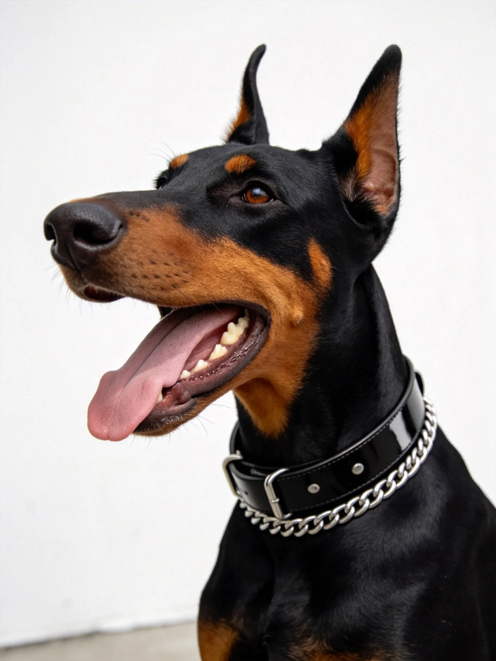 A black and tan Doberman dog displays an alert expression with an open mouth