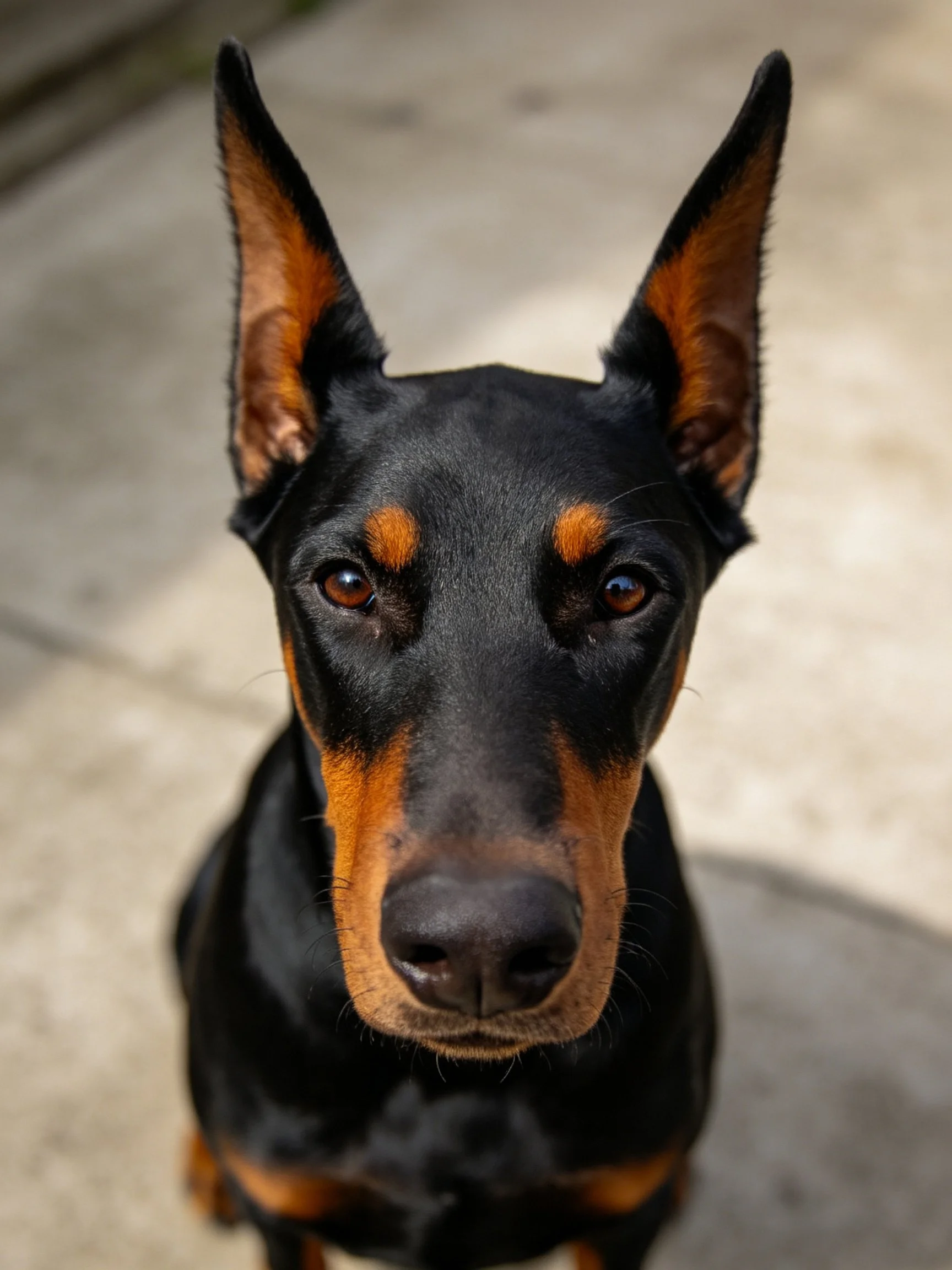 A black and tan Doberman dog looks directly at the camera