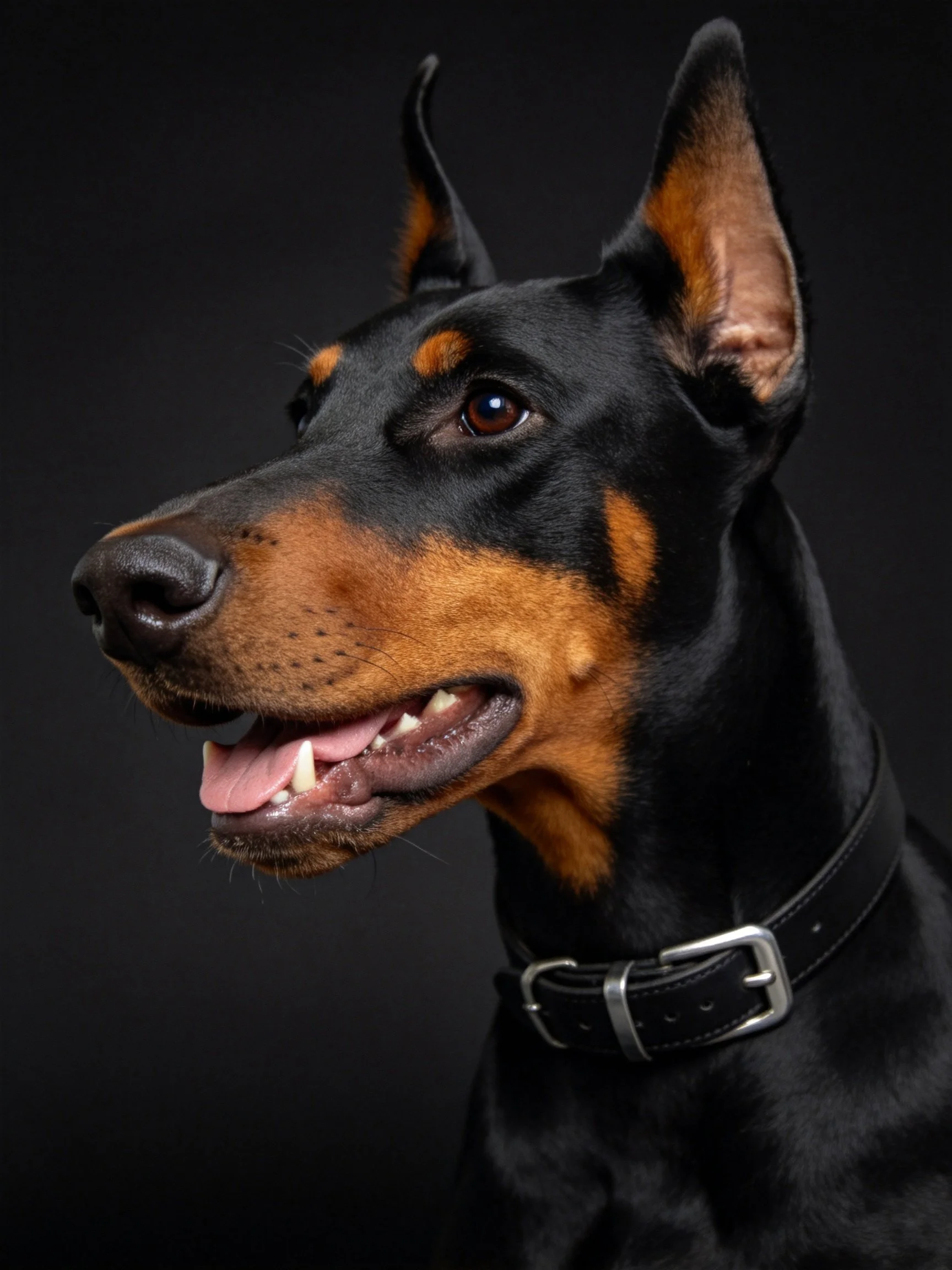 A black and tan Doberman with upright ears poses against a dark background.