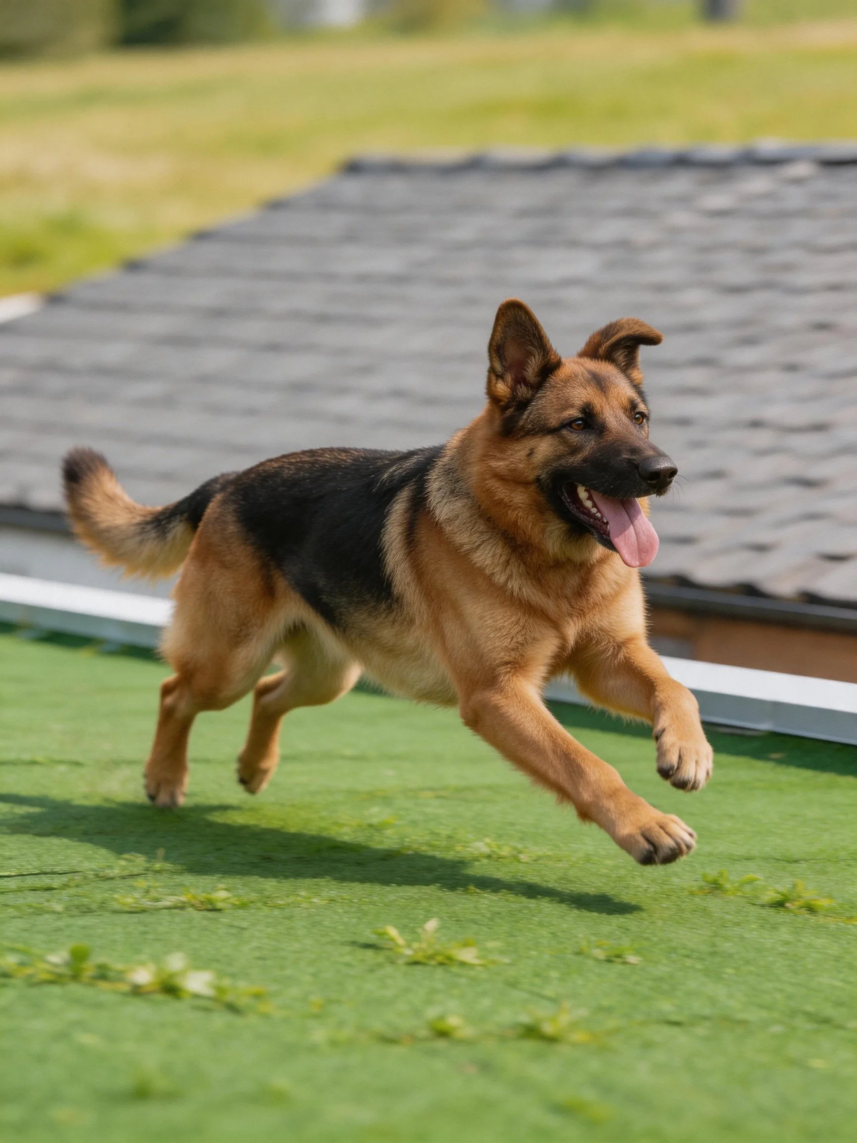A German Shepherd runs energetically on green turf near a building