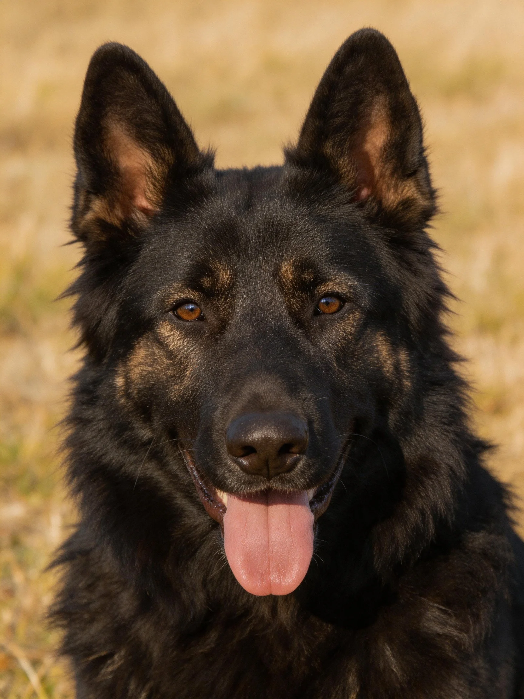 A German Shepherd dog with black and tan fur is depicted outdoors.