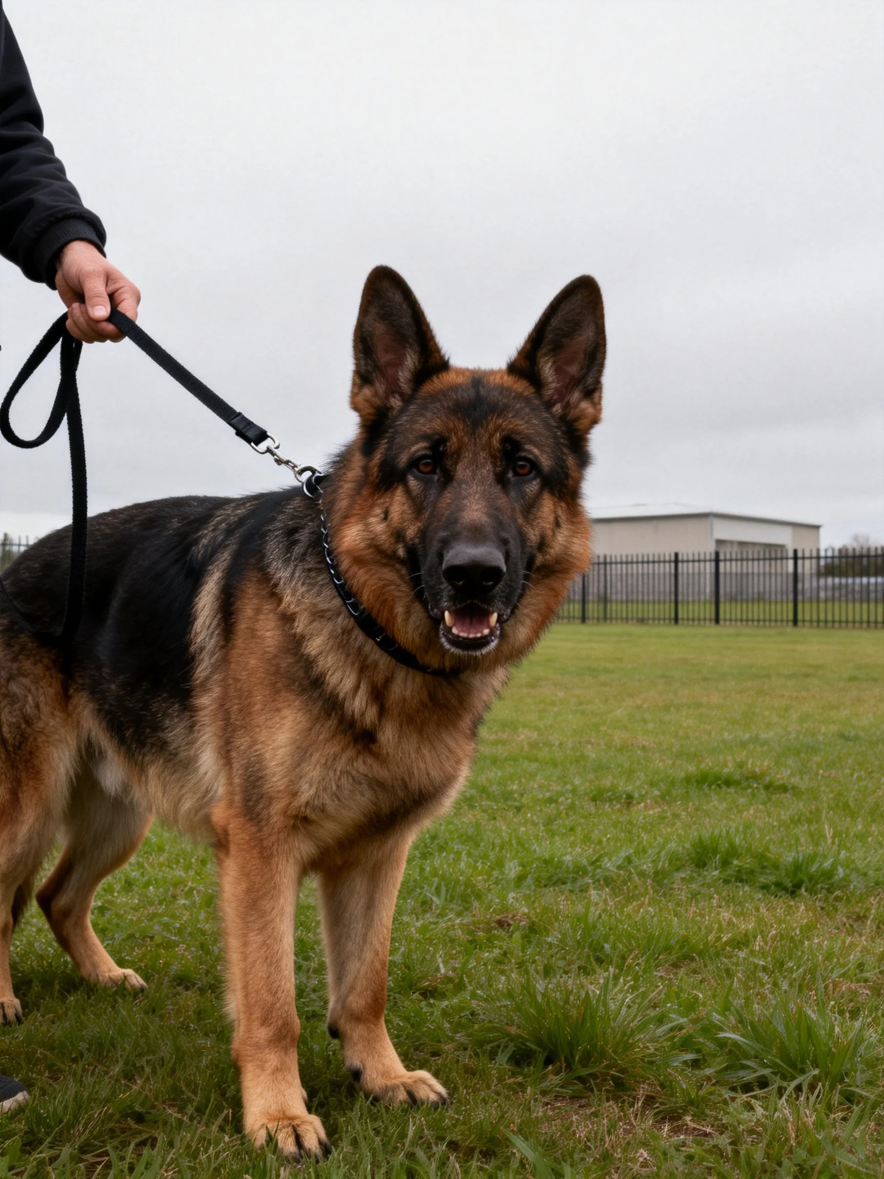 A German Shepherd dog stands on grass connected to a leash.