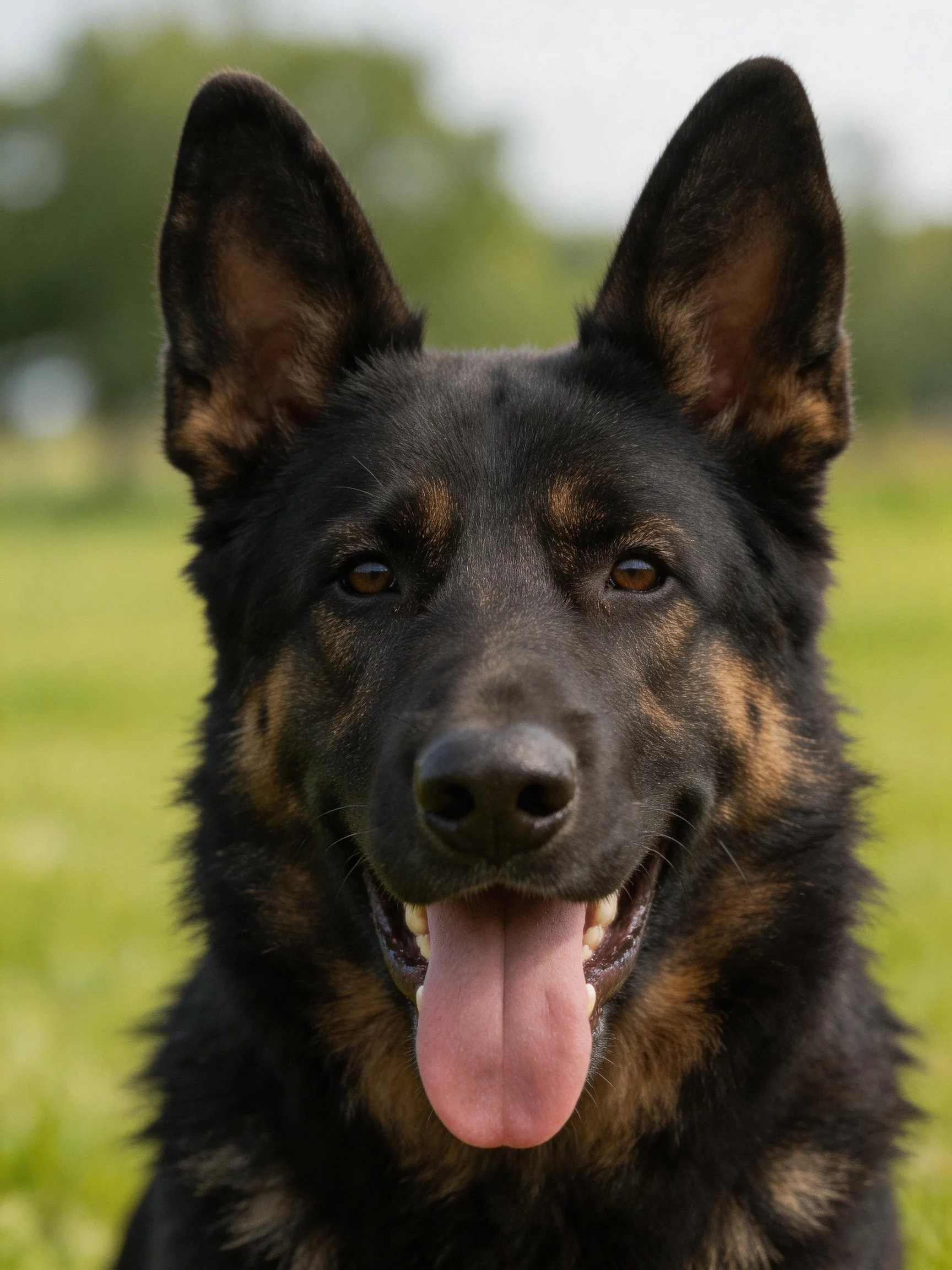 A German Shepherd dog smiles happily in a green outdoor setting.