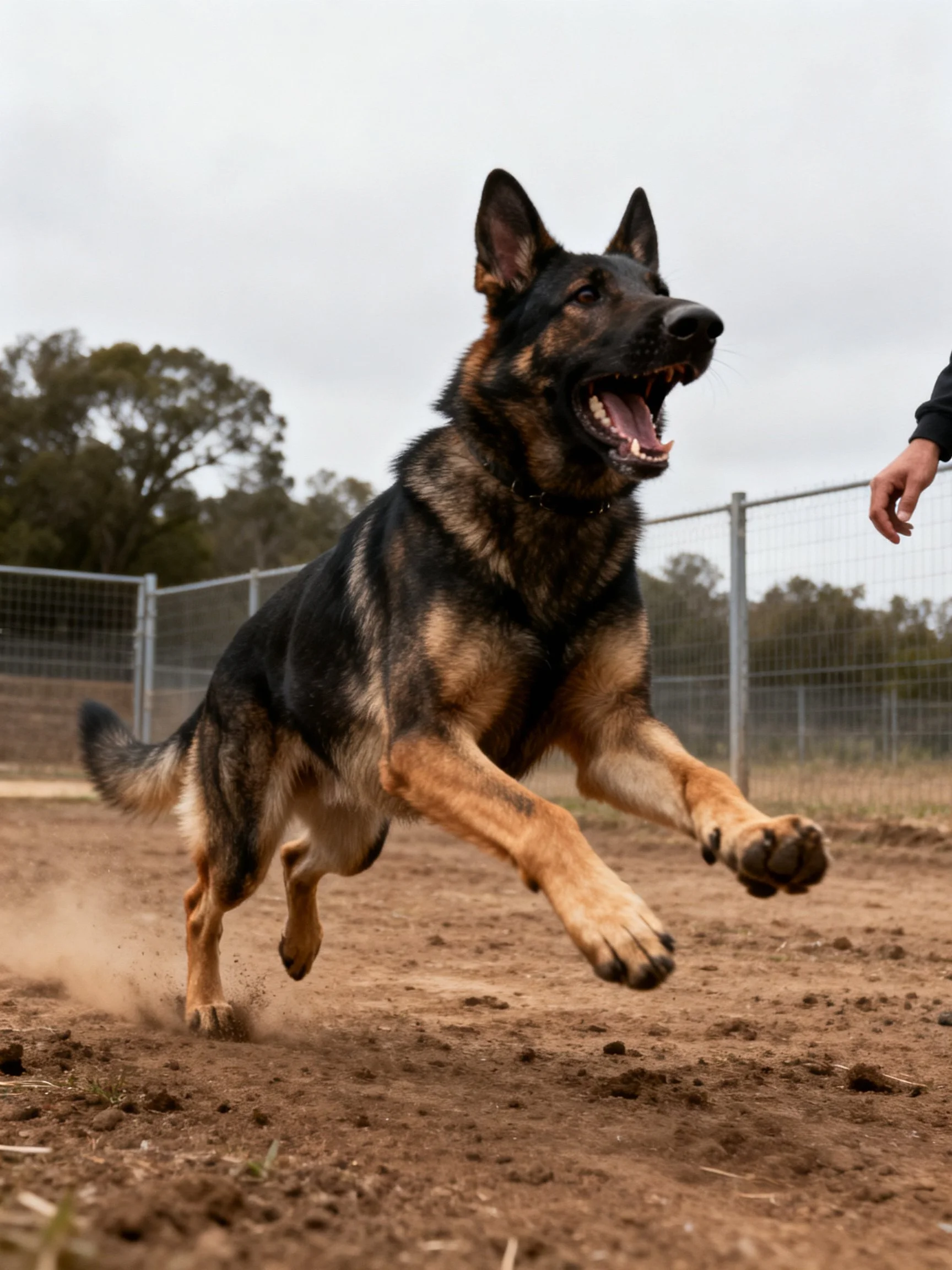 A German Shepherd dog runs energetically on a dirt surface near a fence.