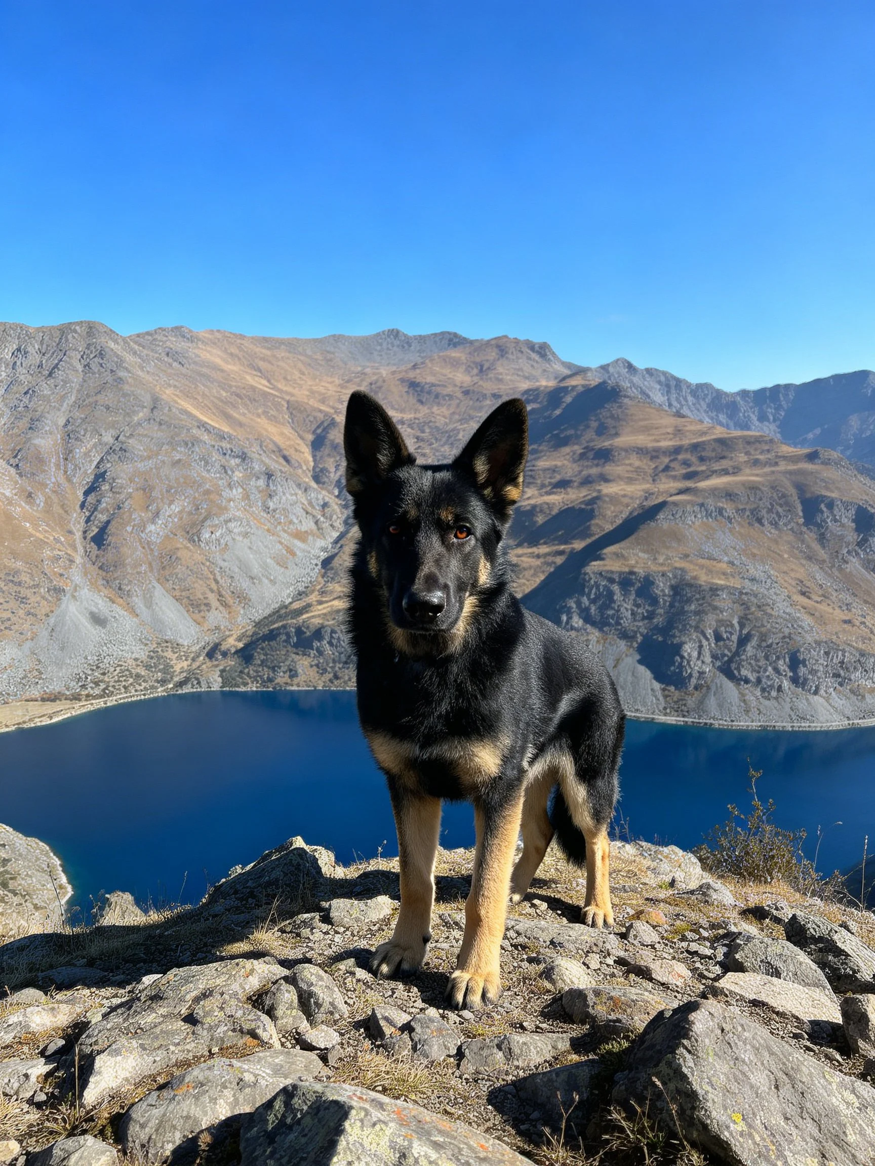 A black and tan German Shepherd on rocky mountaintop with blue lake and brown mountains