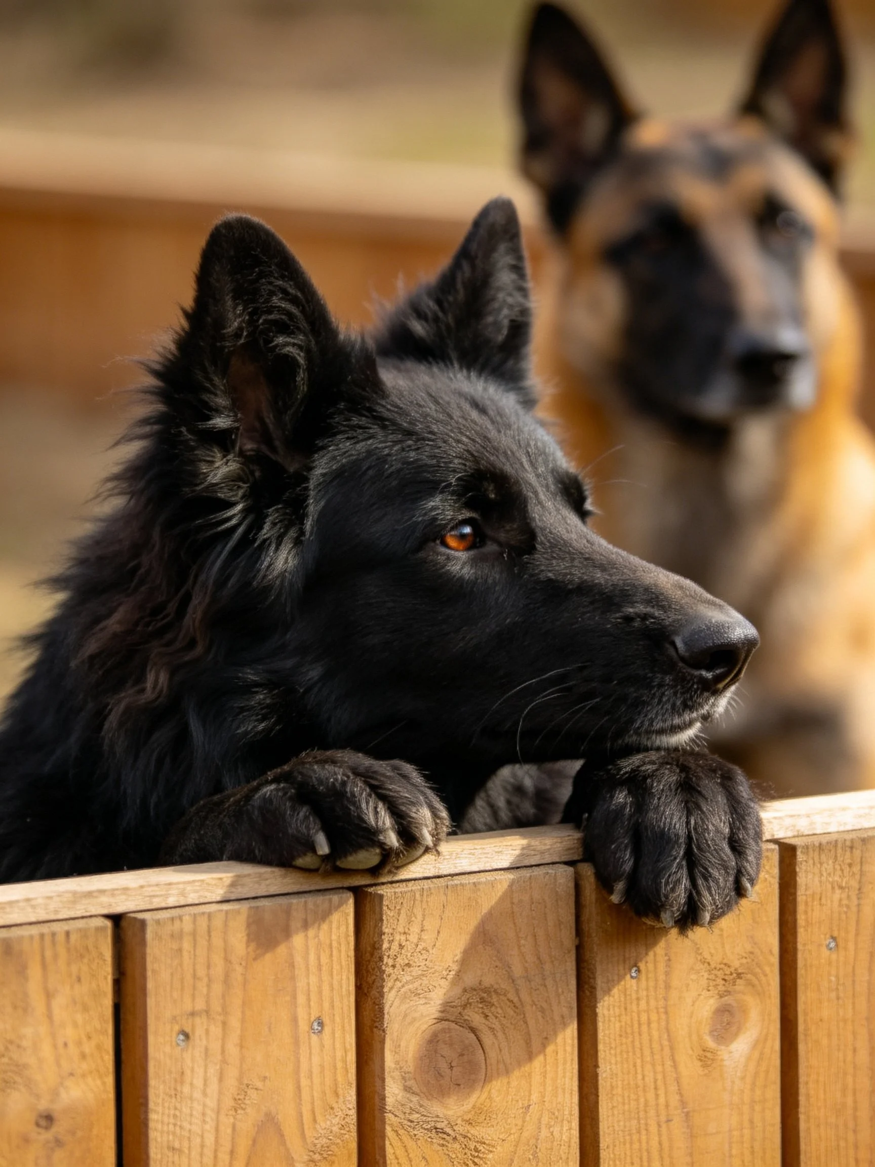 Two German Shepherds, one black and one tan, rest by a wooden fence