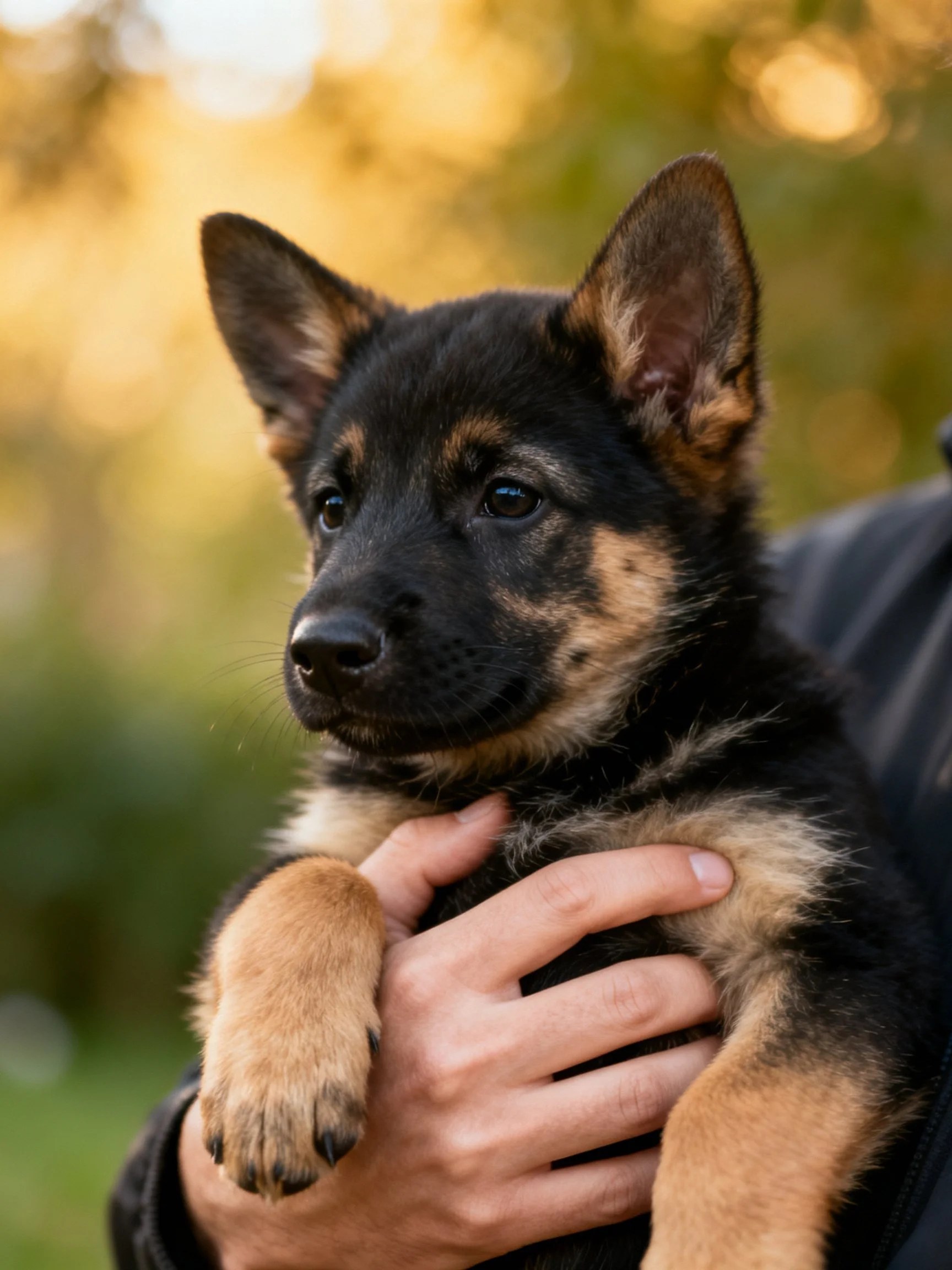 A young German Shepherd puppy with black and tan fur is held in someones arms outdoors.