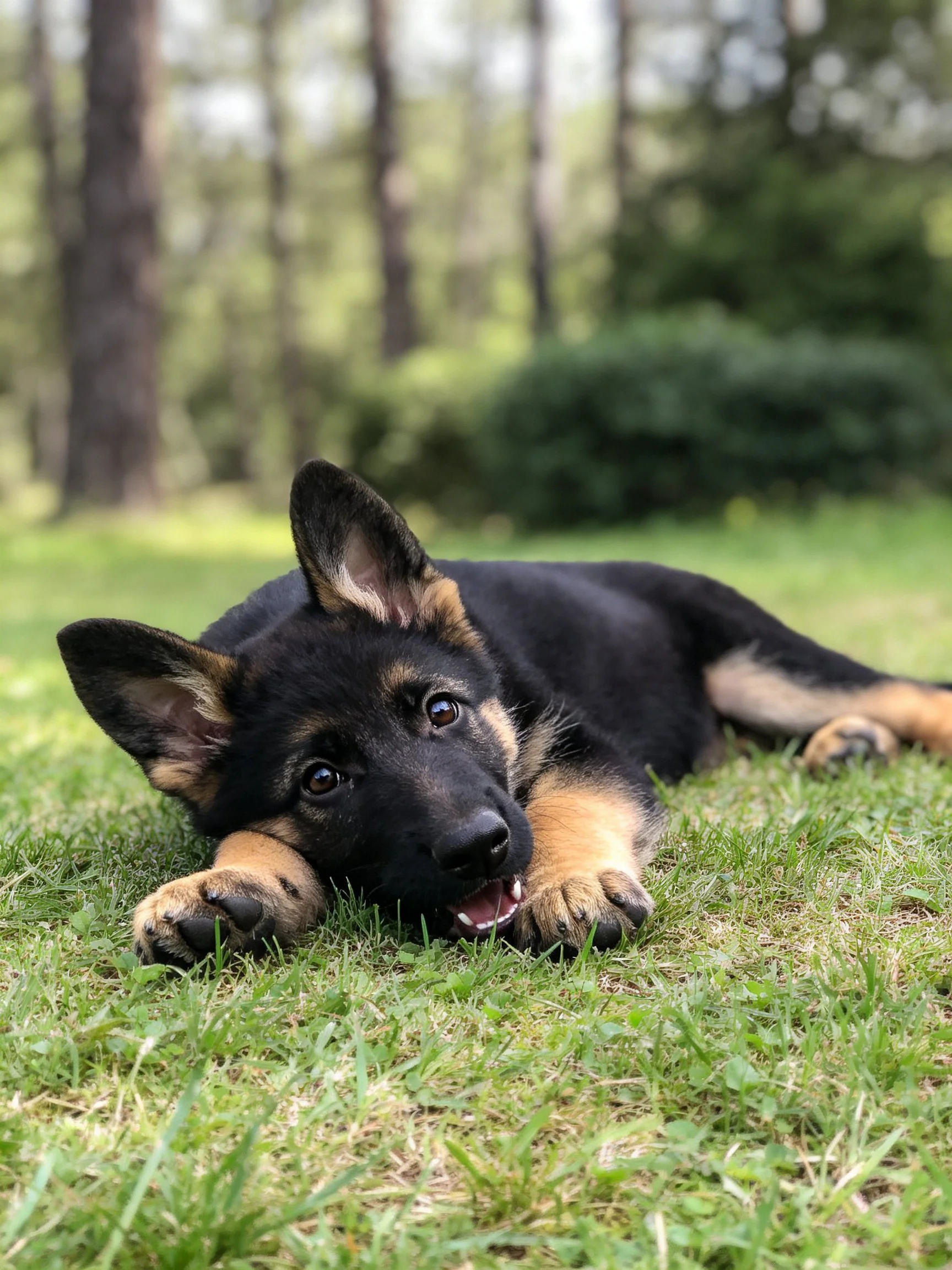 A young German Shepherd puppy relaxes on green grass in a wooded area.