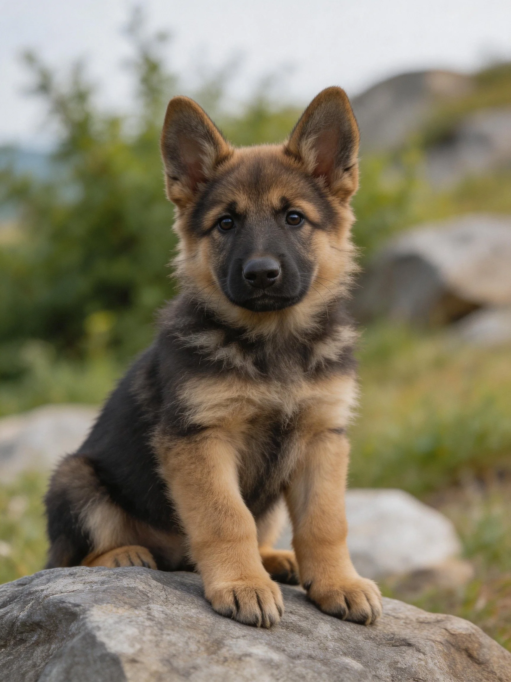 A young German Shepherd puppy sits on a rock in a natural outdoor setting.