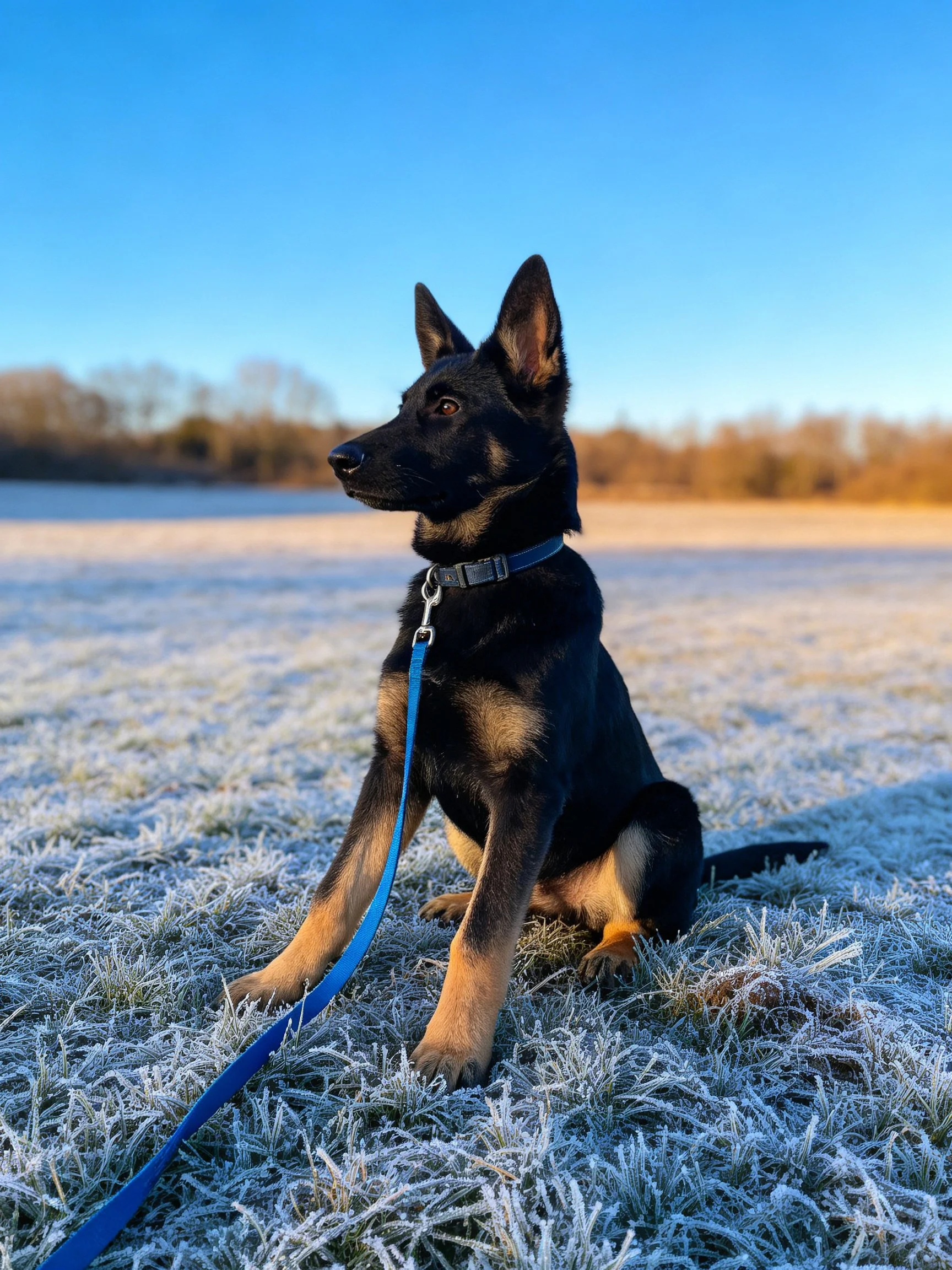A German Shepherd puppy sits on frost-covered grass with a blue leash