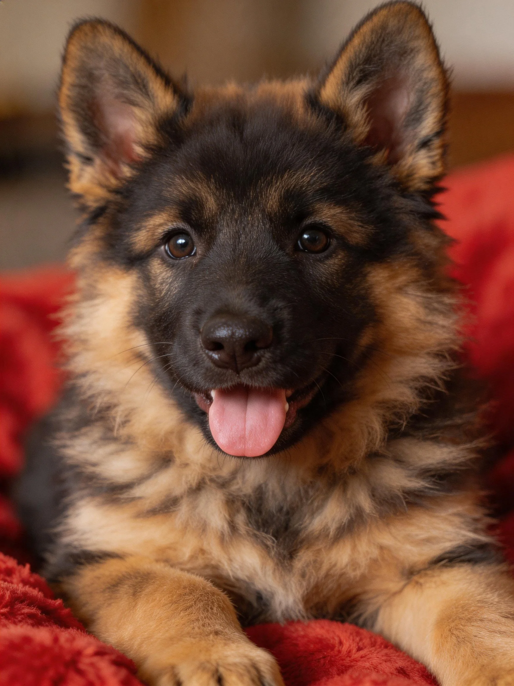 A young German Shepherd puppy relaxes on a red blanket indoors.