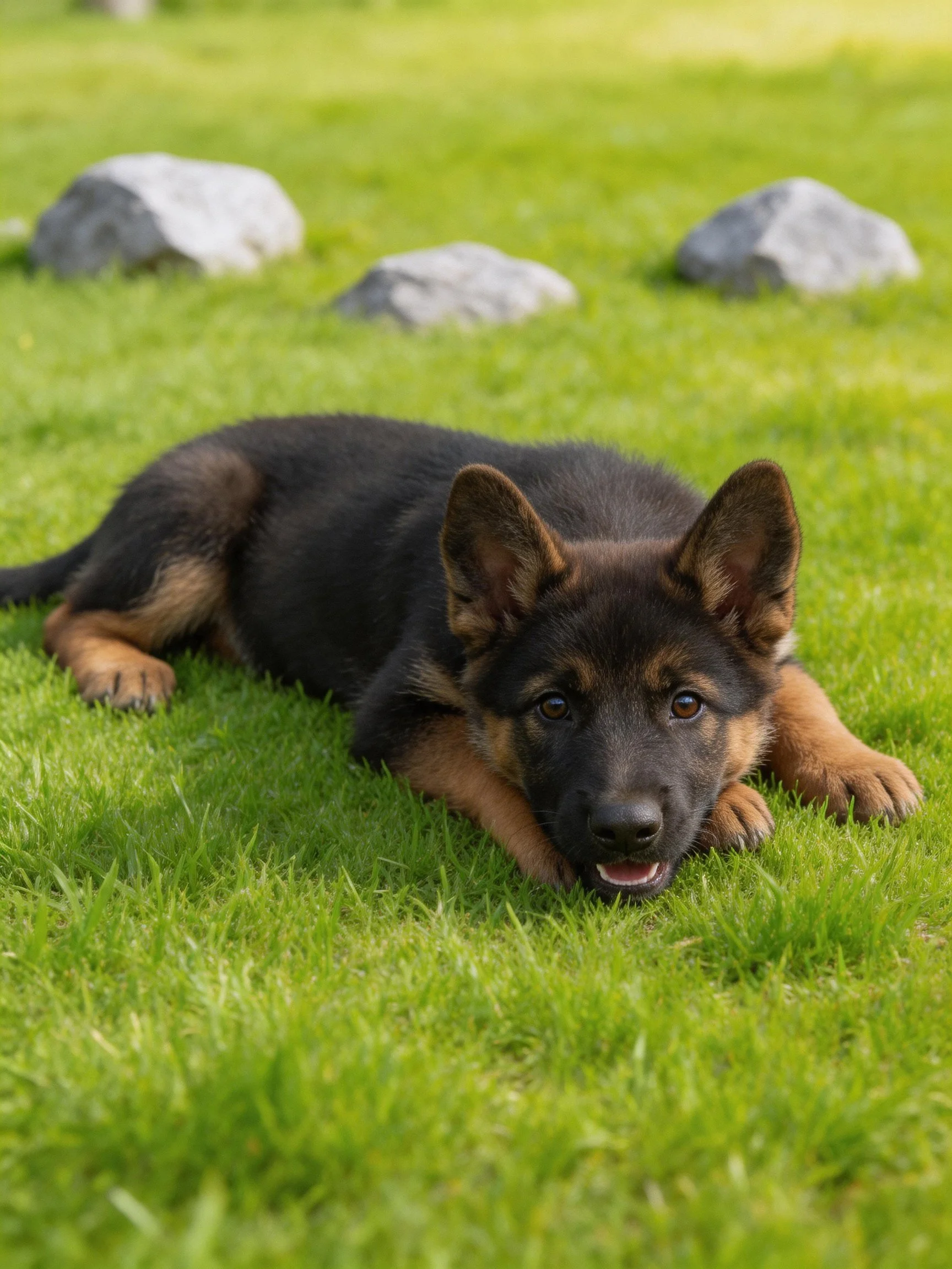 A young German Shepherd puppy relaxes on lush green grass beside rocks.