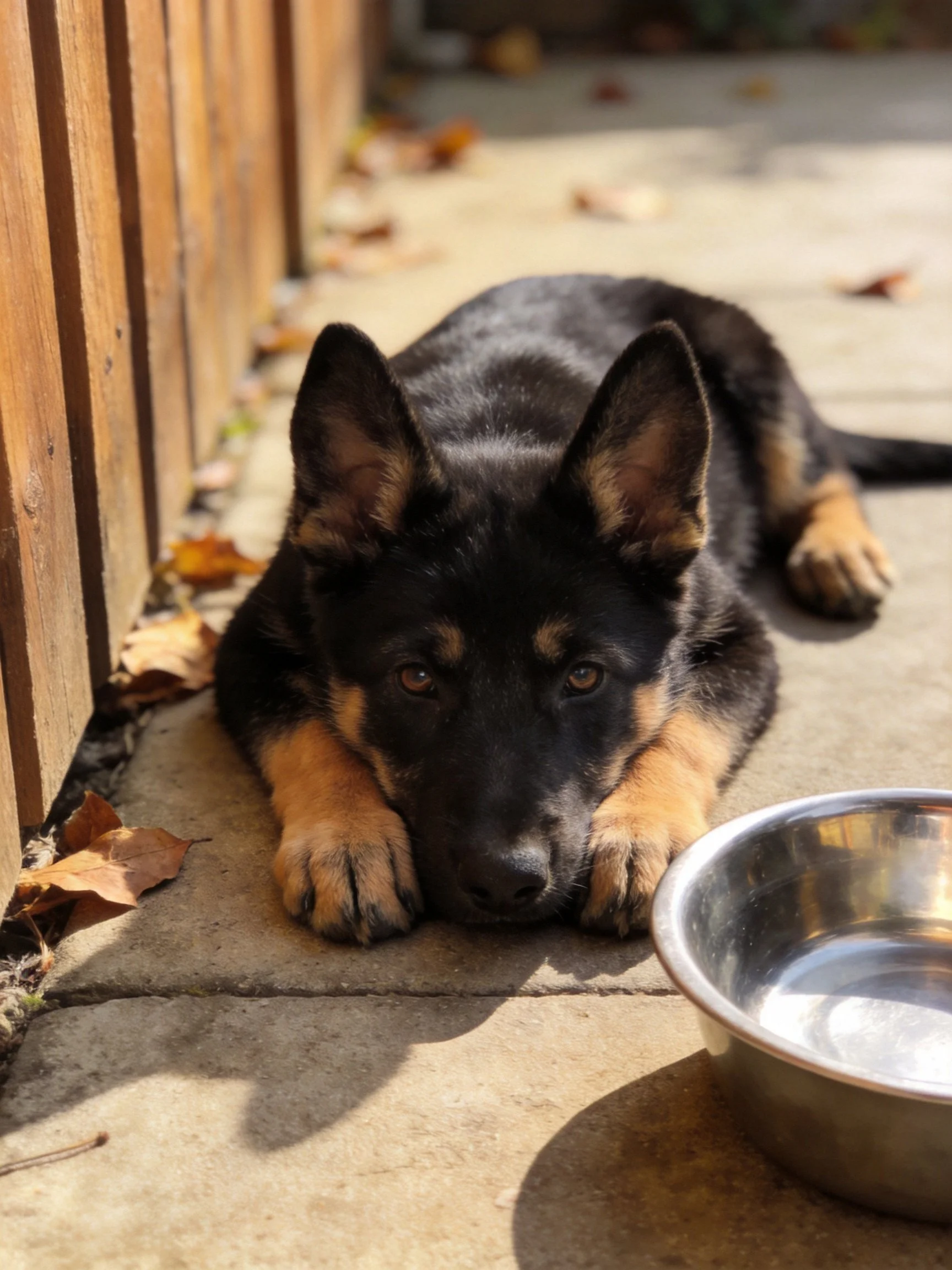 A black and tan German Shepherd puppy lies near a metal water bowl on a concrete path.