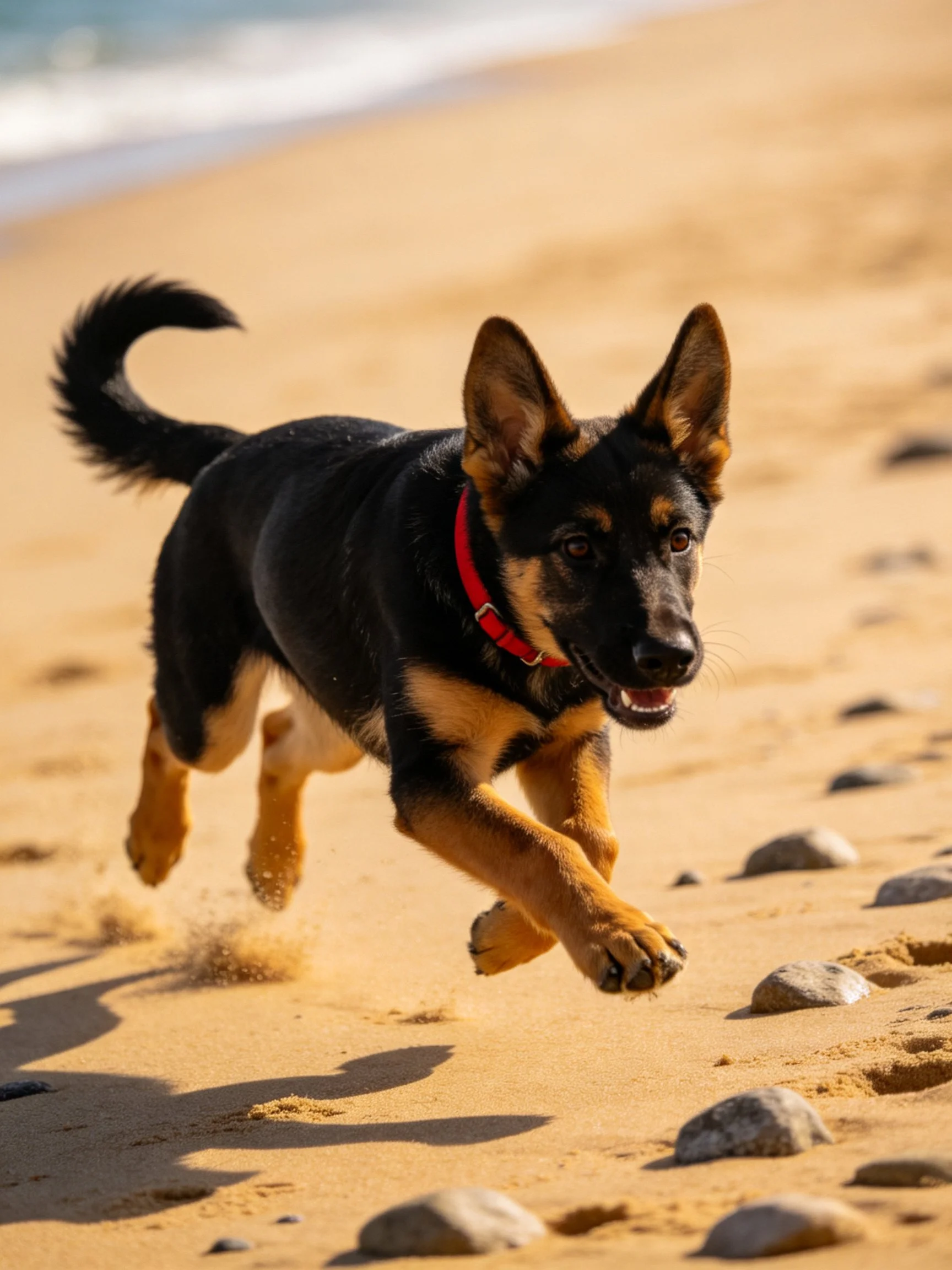 A German Shepherd puppy dashes along a sandy beach with scattered rocks.
