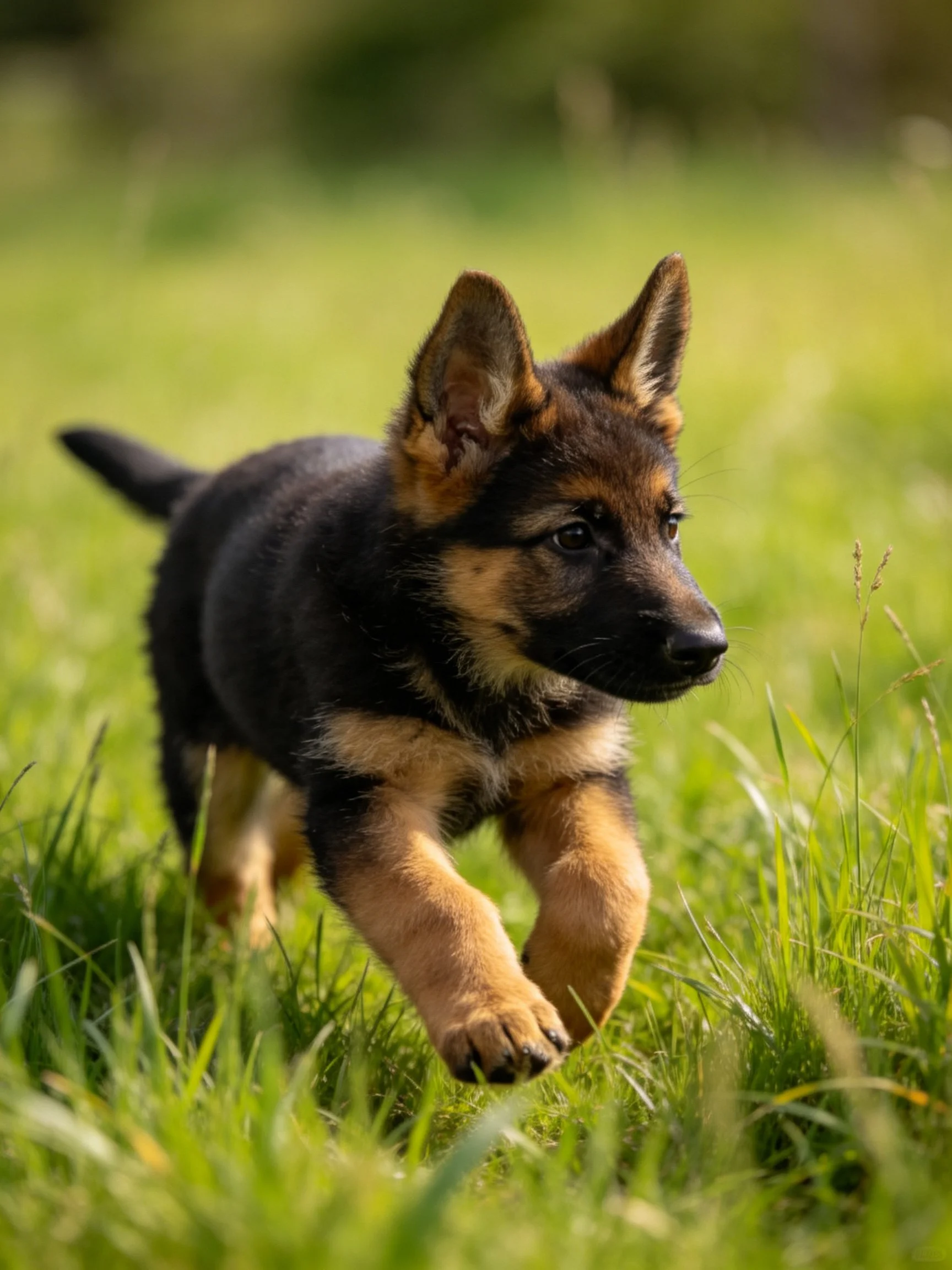 A young German Shepherd puppy runs through vibrant green grass.